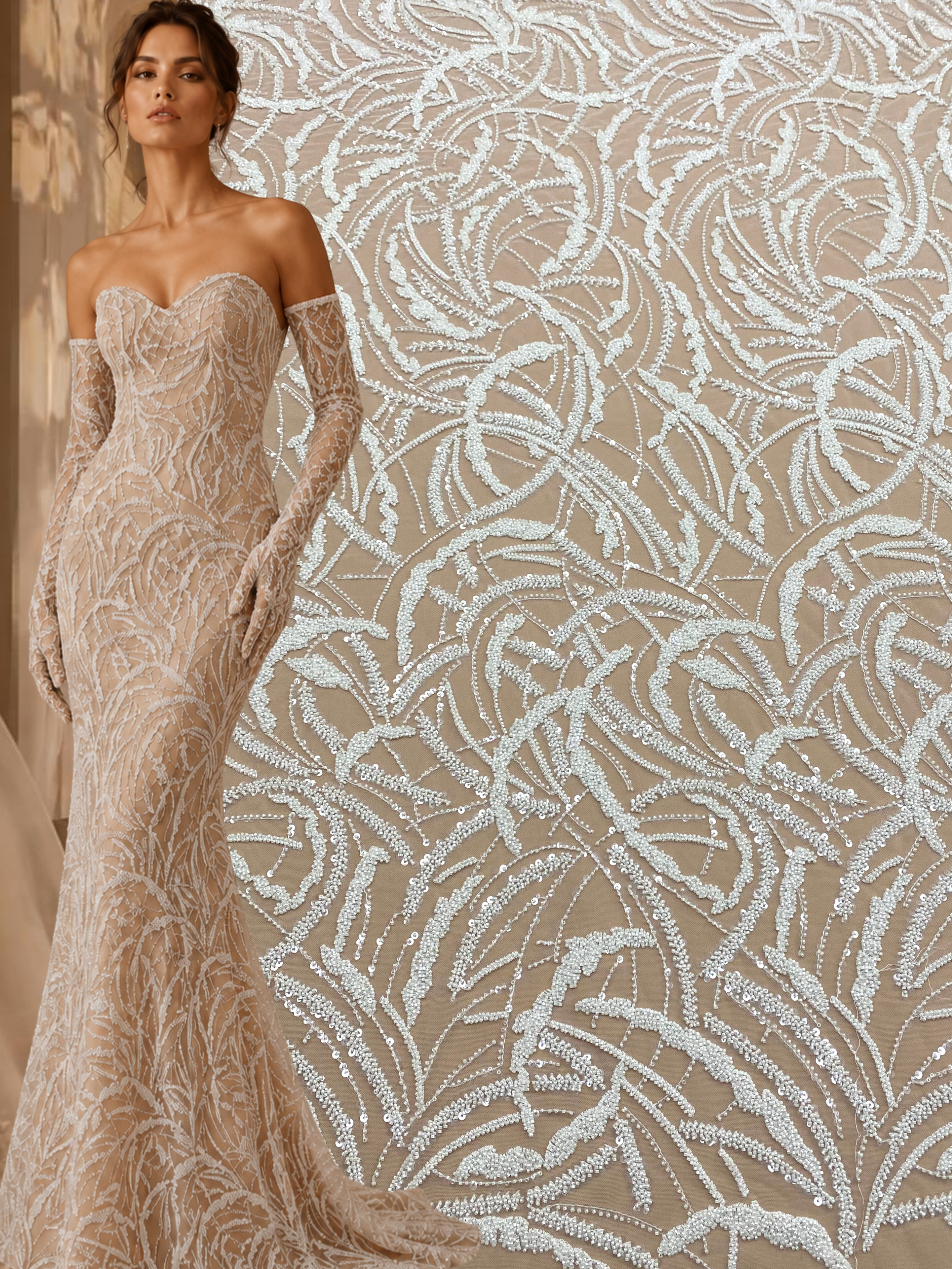 Csipke Couture Ivory geometrikus mintával, gyöngyökkel és flitterekkel