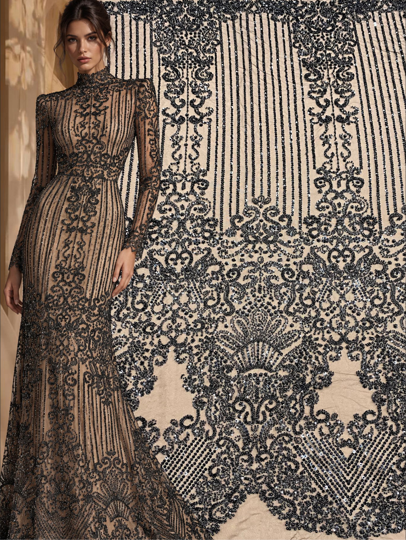 Dantela Couture Neagra cu Model Geometric, cu Perle, Margele si Paiete