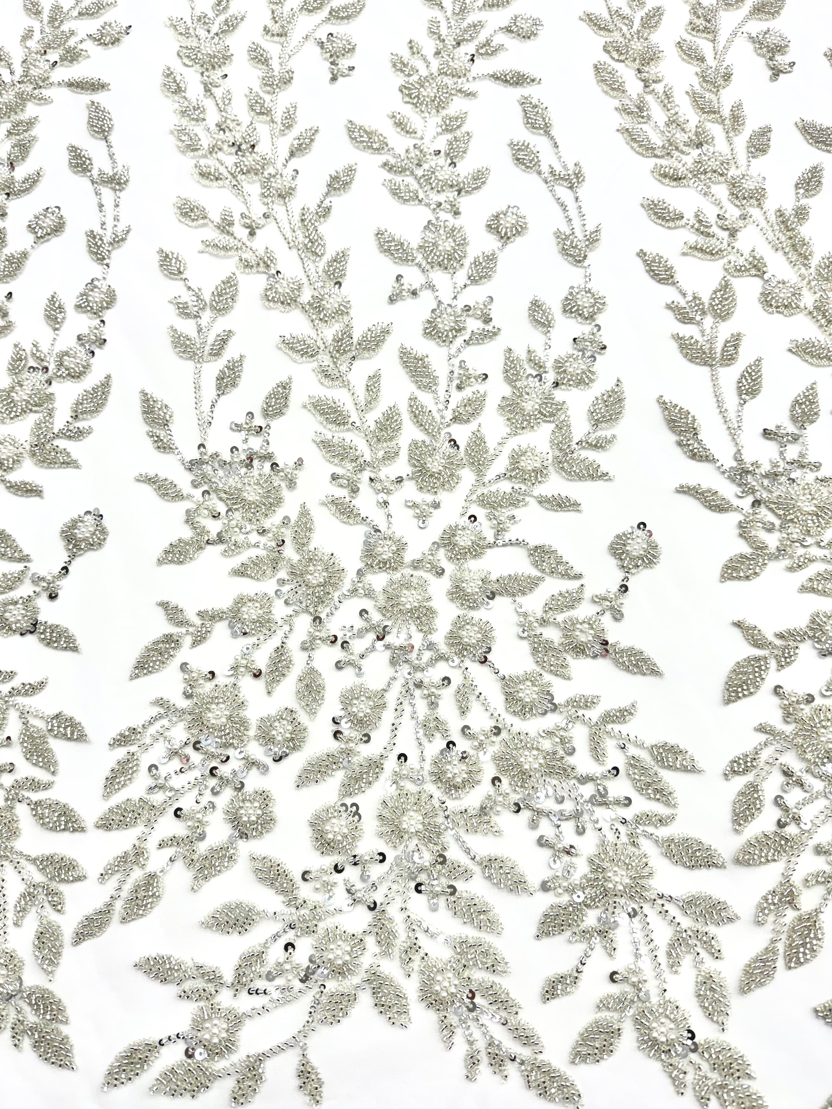 Silver Couture Lace on Ivory Tulle with Floral Pattern, Pearls, Beads and Sequins