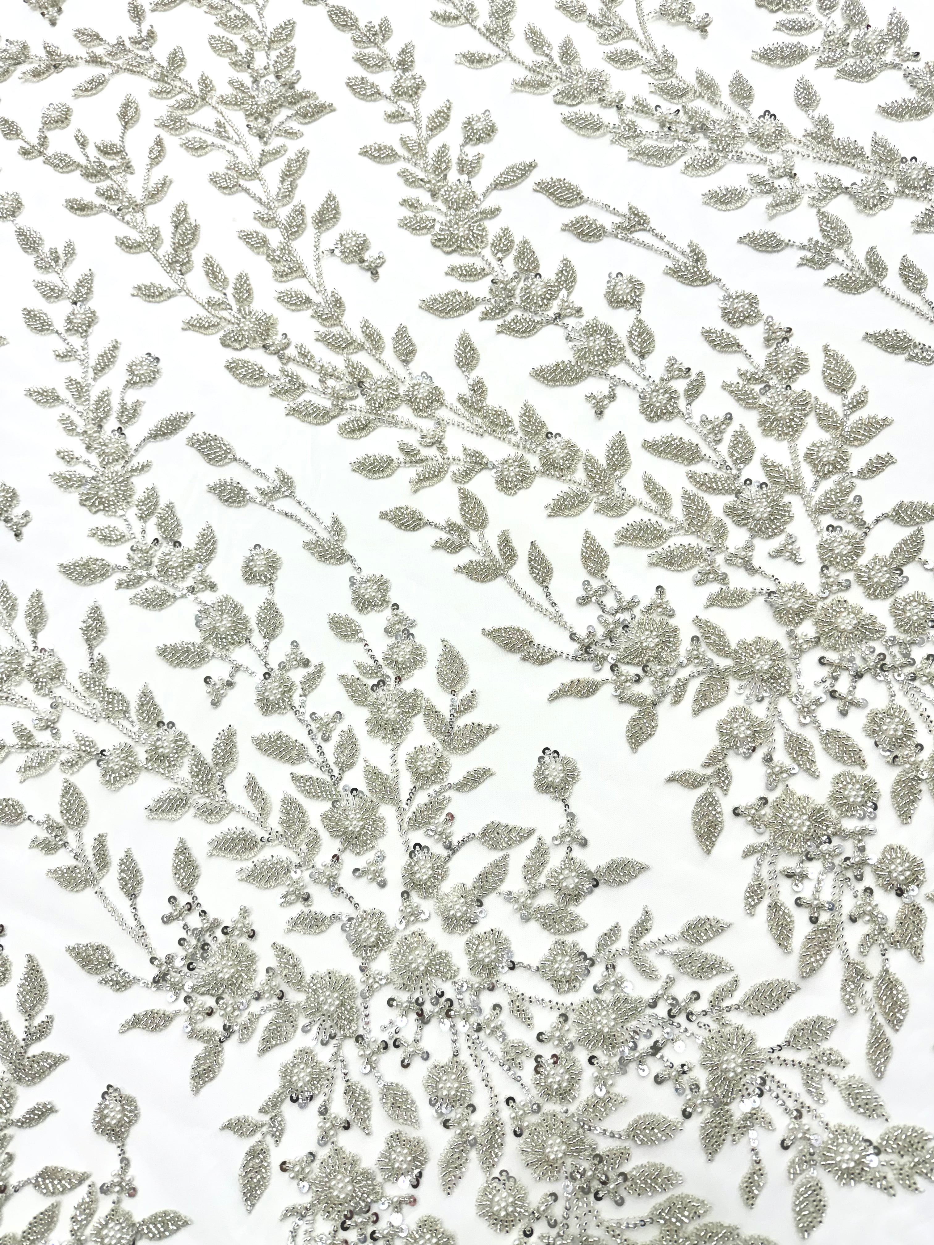 Silver Couture Lace on Ivory Tulle with Floral Pattern, Pearls, Beads and Sequins