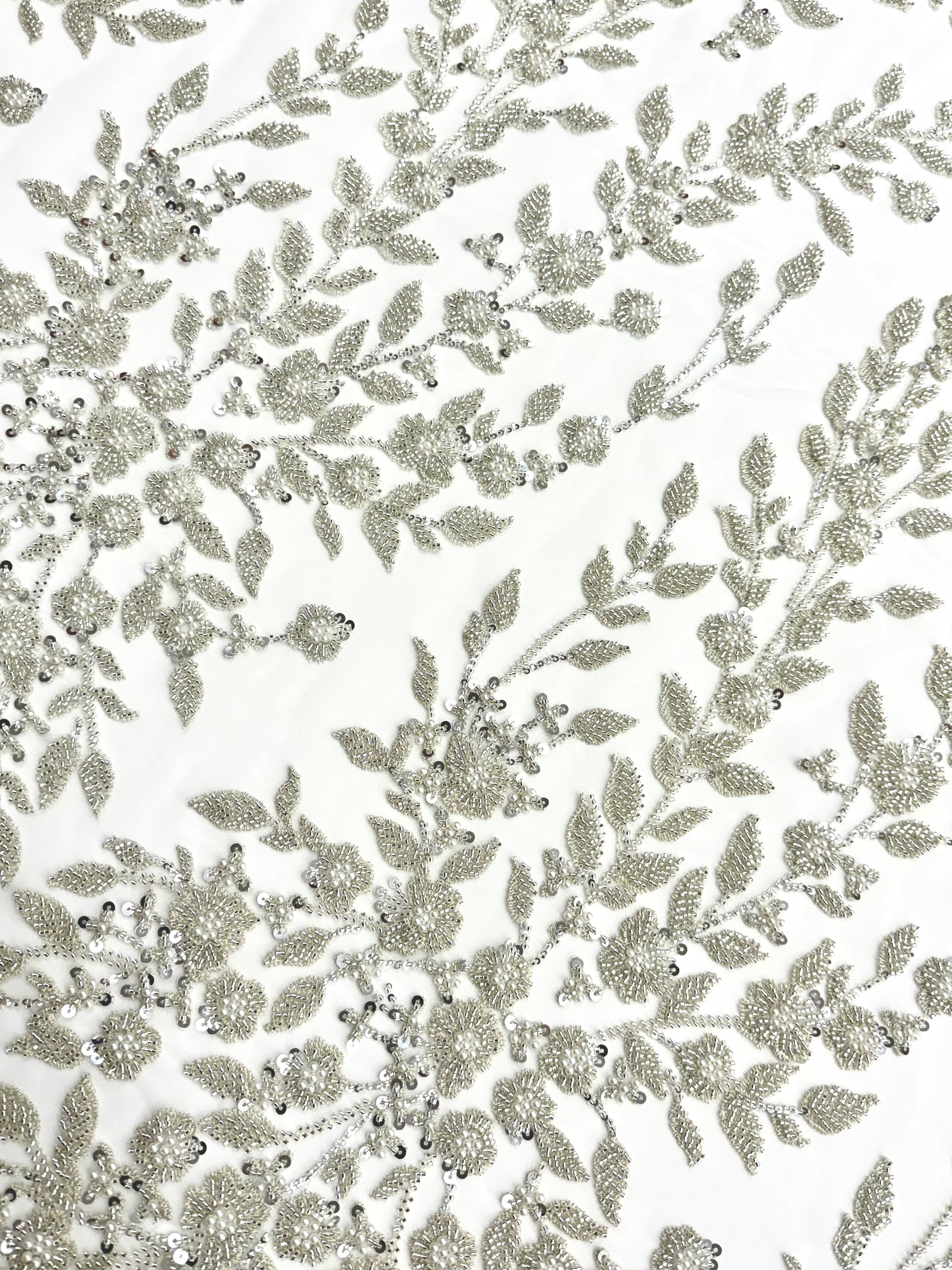 Silver Couture Lace on Ivory Tulle with Floral Pattern, Pearls, Beads and Sequins