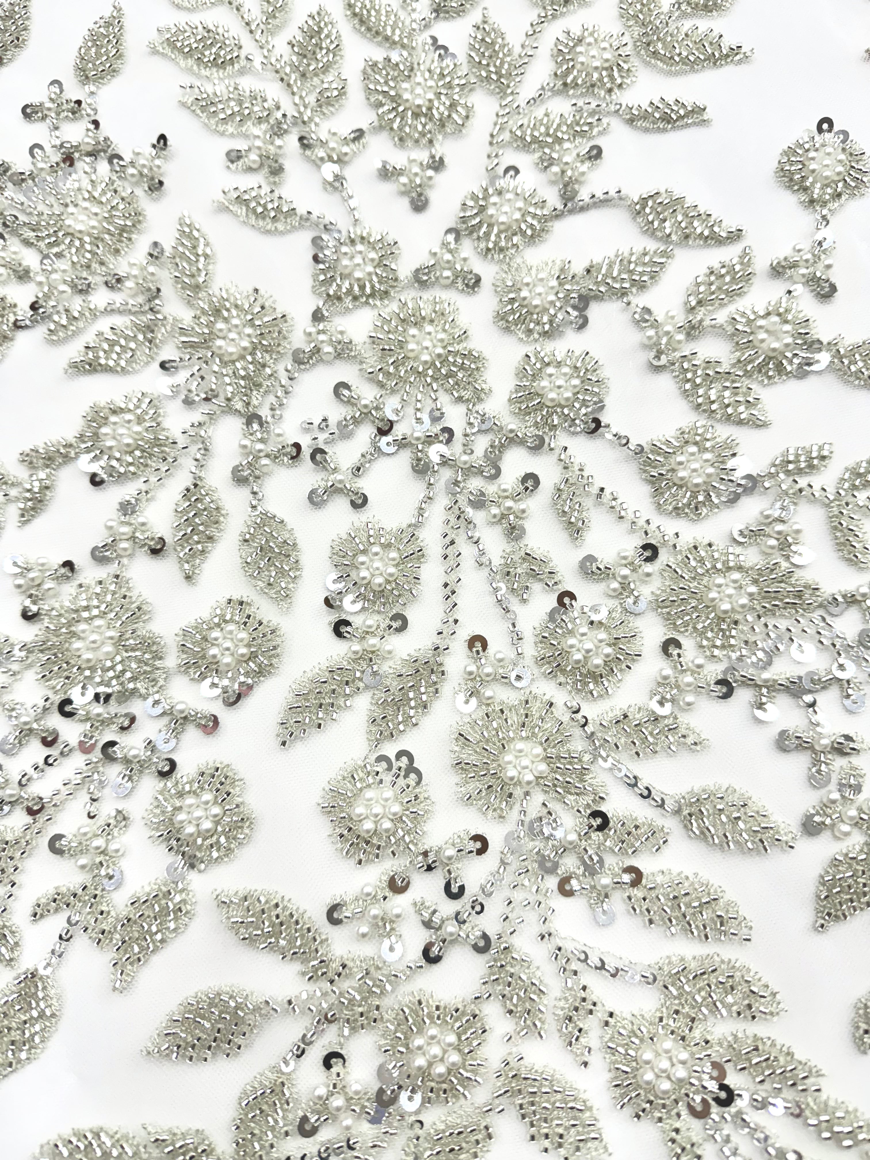 Silver Couture Lace on Ivory Tulle with Floral Pattern, Pearls, Beads and Sequins