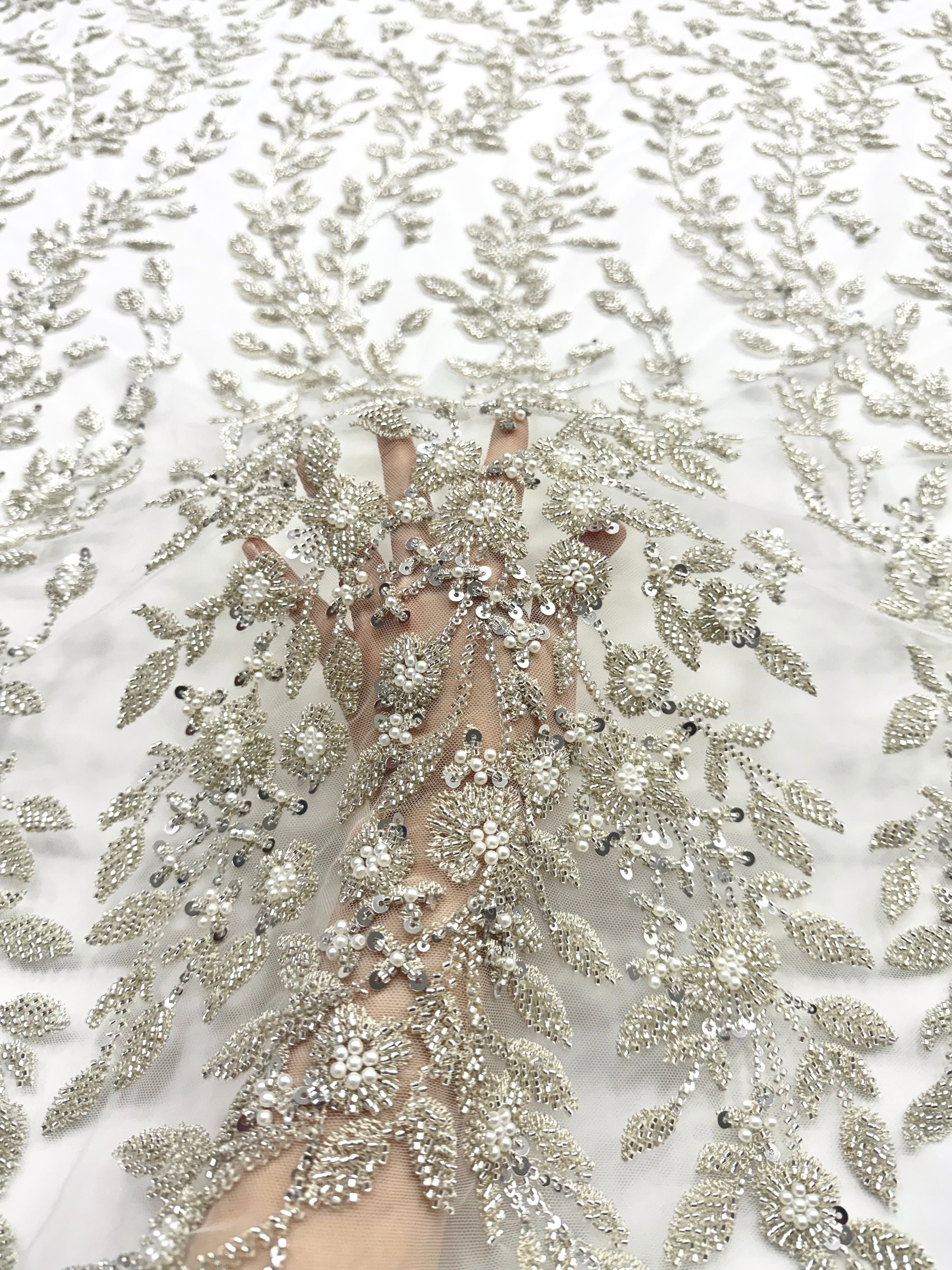 Silver Couture Lace on Ivory Tulle with Floral Pattern, Pearls, Beads and Sequins