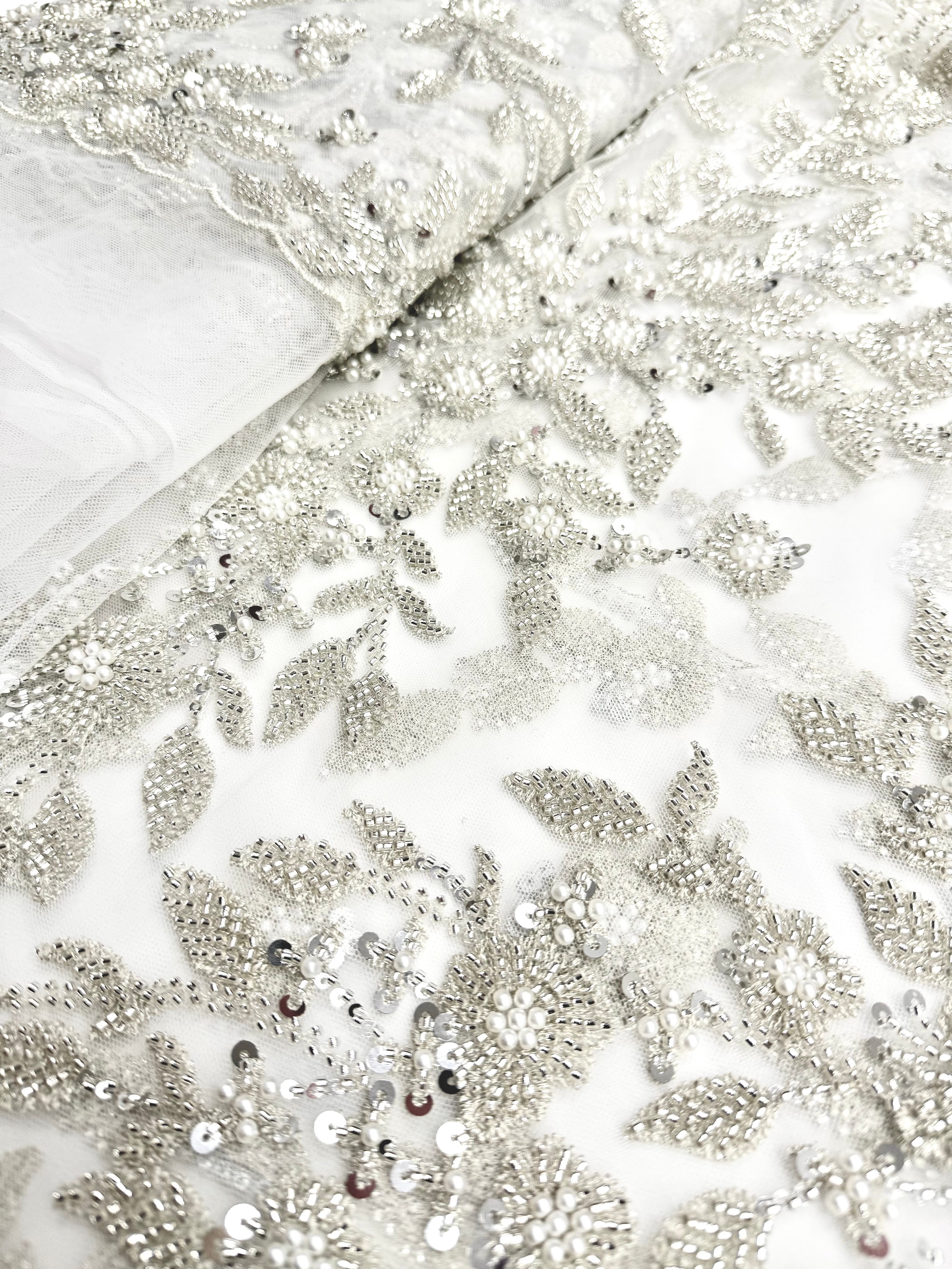 Silver Couture Lace on Ivory Tulle with Floral Pattern, Pearls, Beads and Sequins