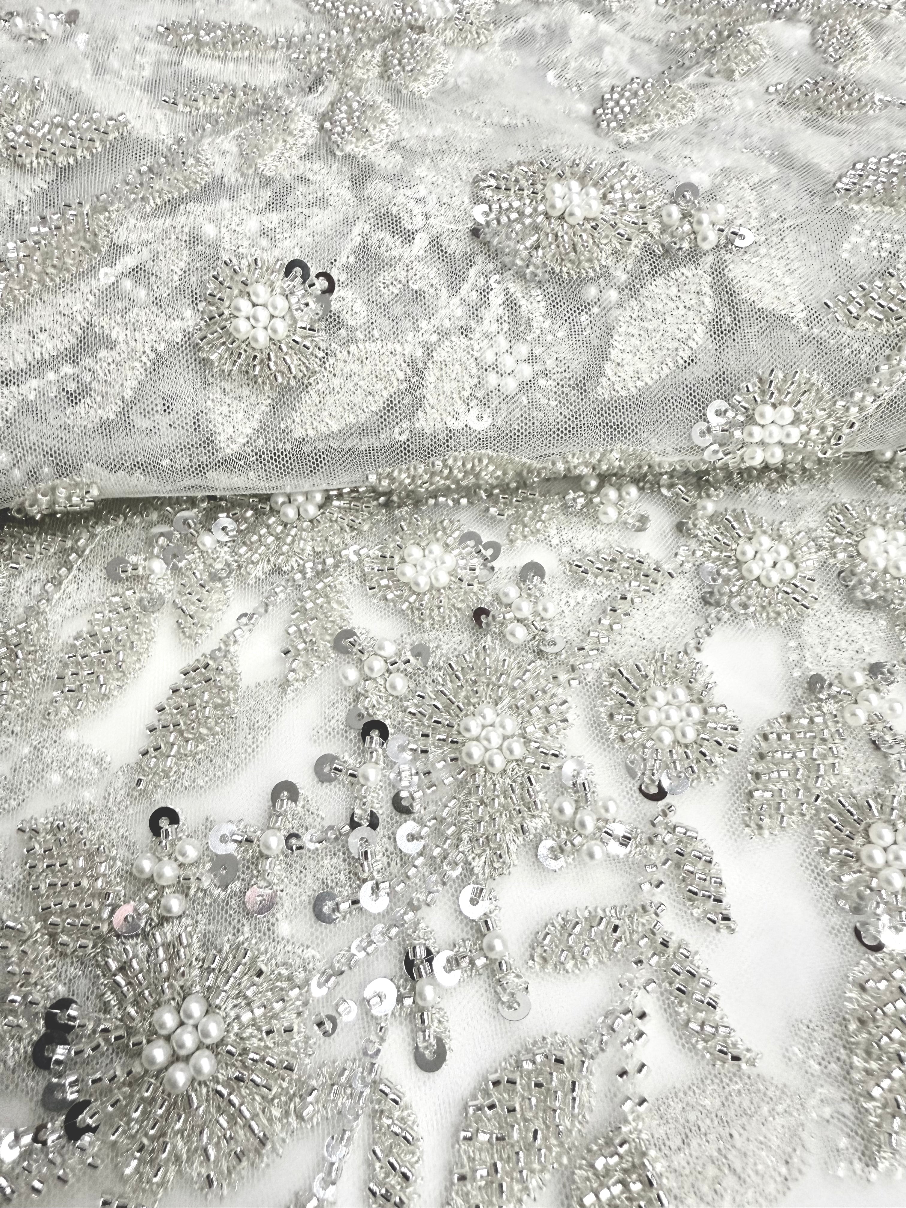 Silver Couture Lace on Ivory Tulle with Floral Pattern, Pearls, Beads and Sequins