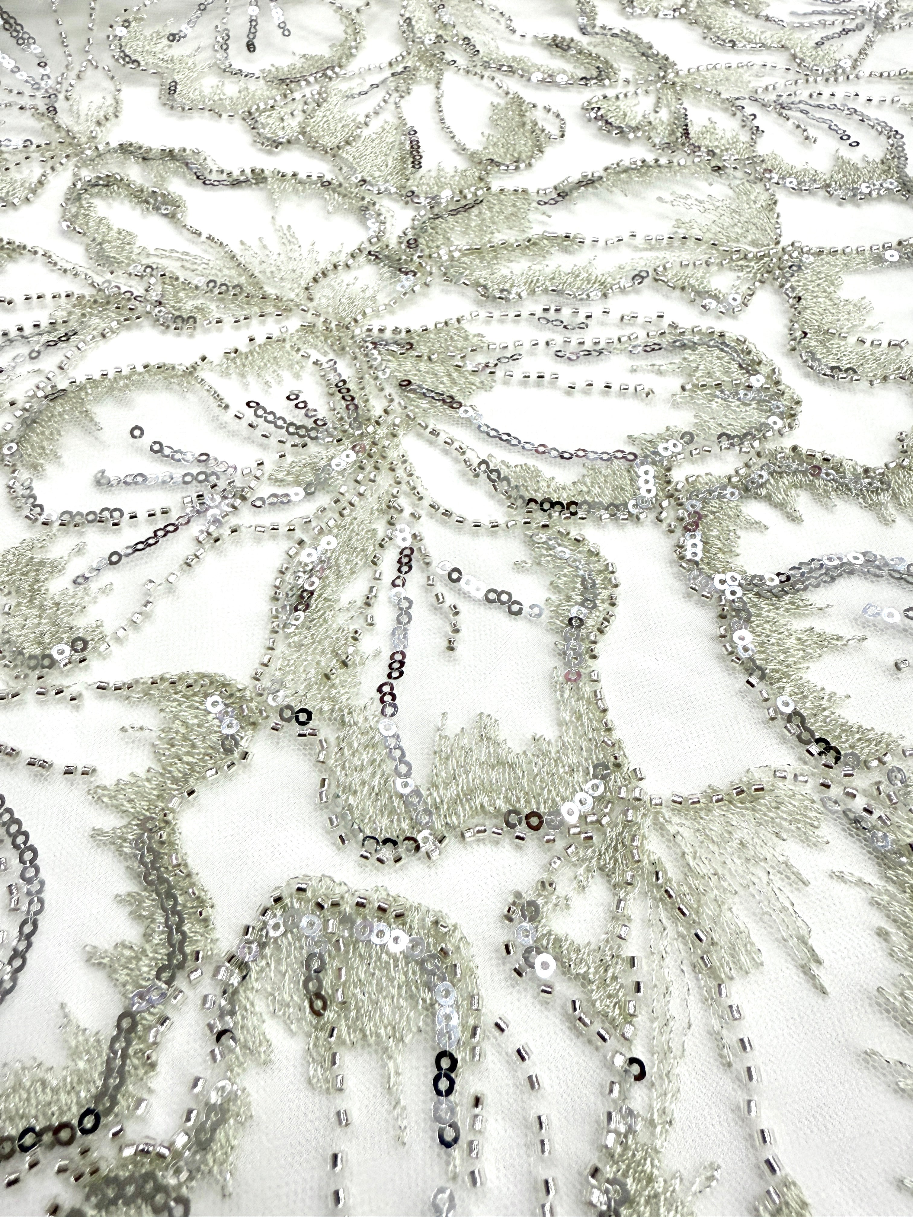 Silver Couture Lace on Ivory Tulle with Floral Pattern, Beads and Sequins