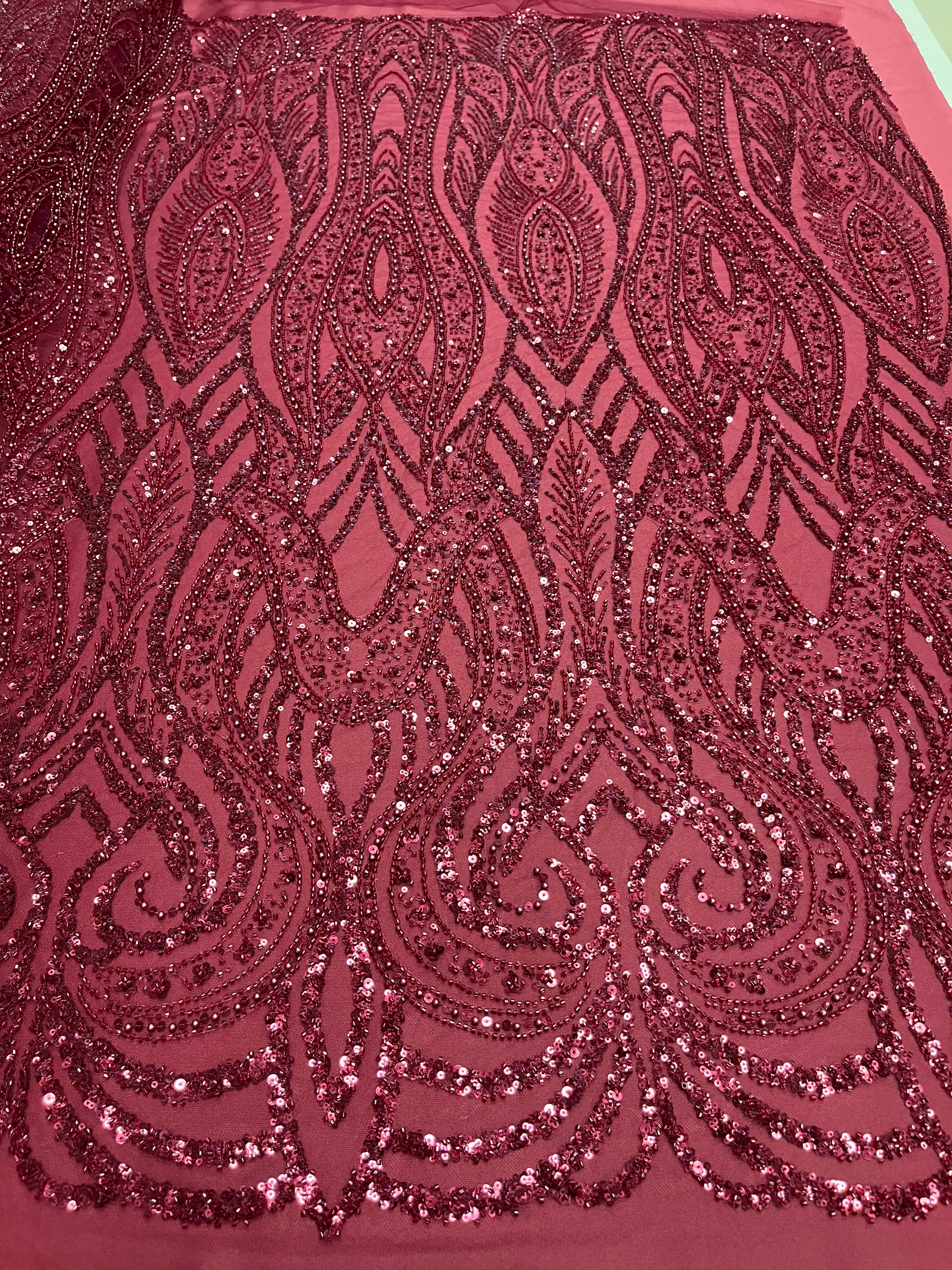 Bordeaux Couture Lace with Geometric Pattern, Pearls, Beads and Sequins 