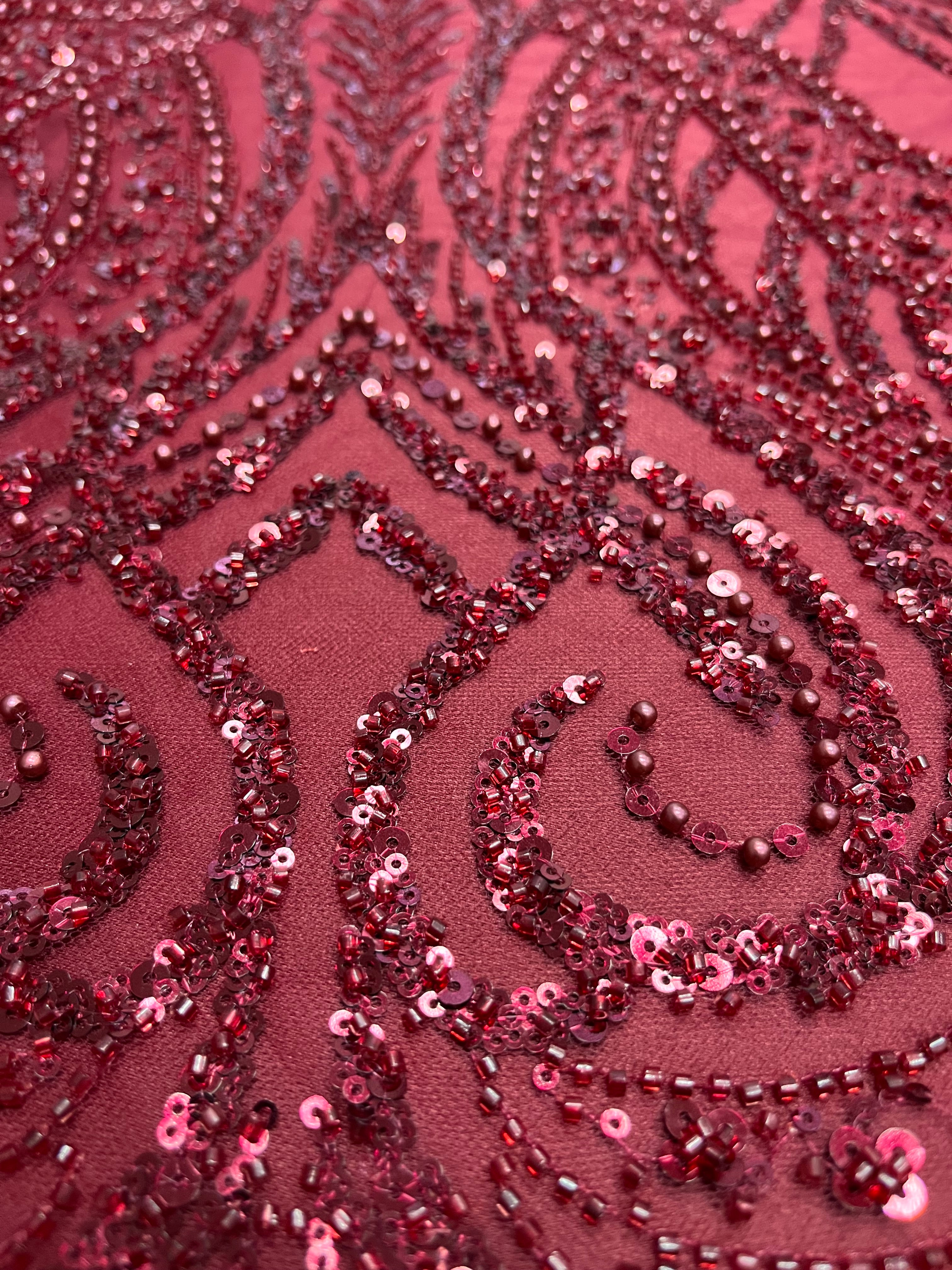 Bordeaux Couture Lace with Geometric Pattern, Pearls, Beads and Sequins 