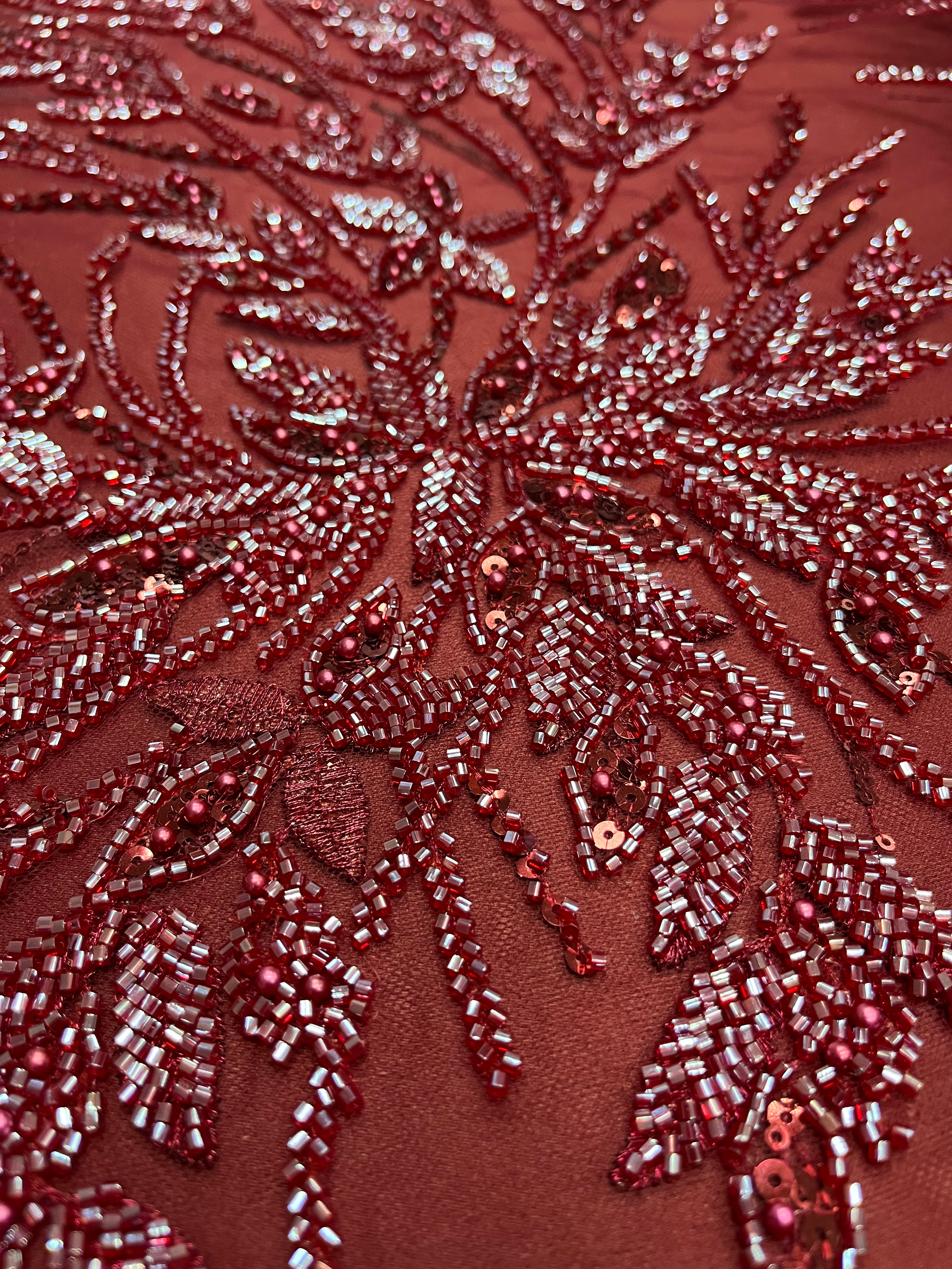 Bordeaux Couture Lace with Floral Pattern, Pearls, Beads and Sequins