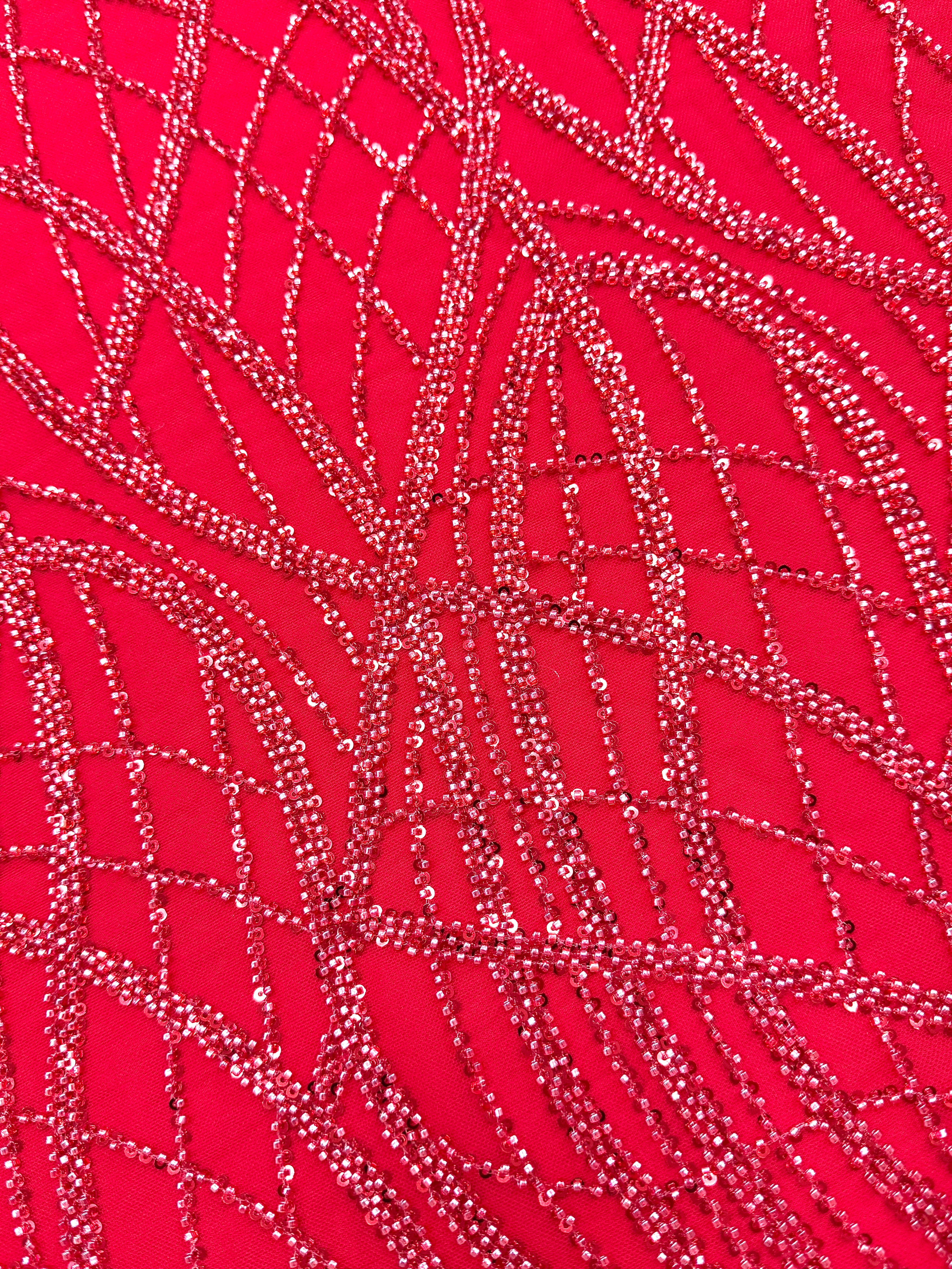 Red Couture Lace with Linear Pattern, with Beads and Sequins