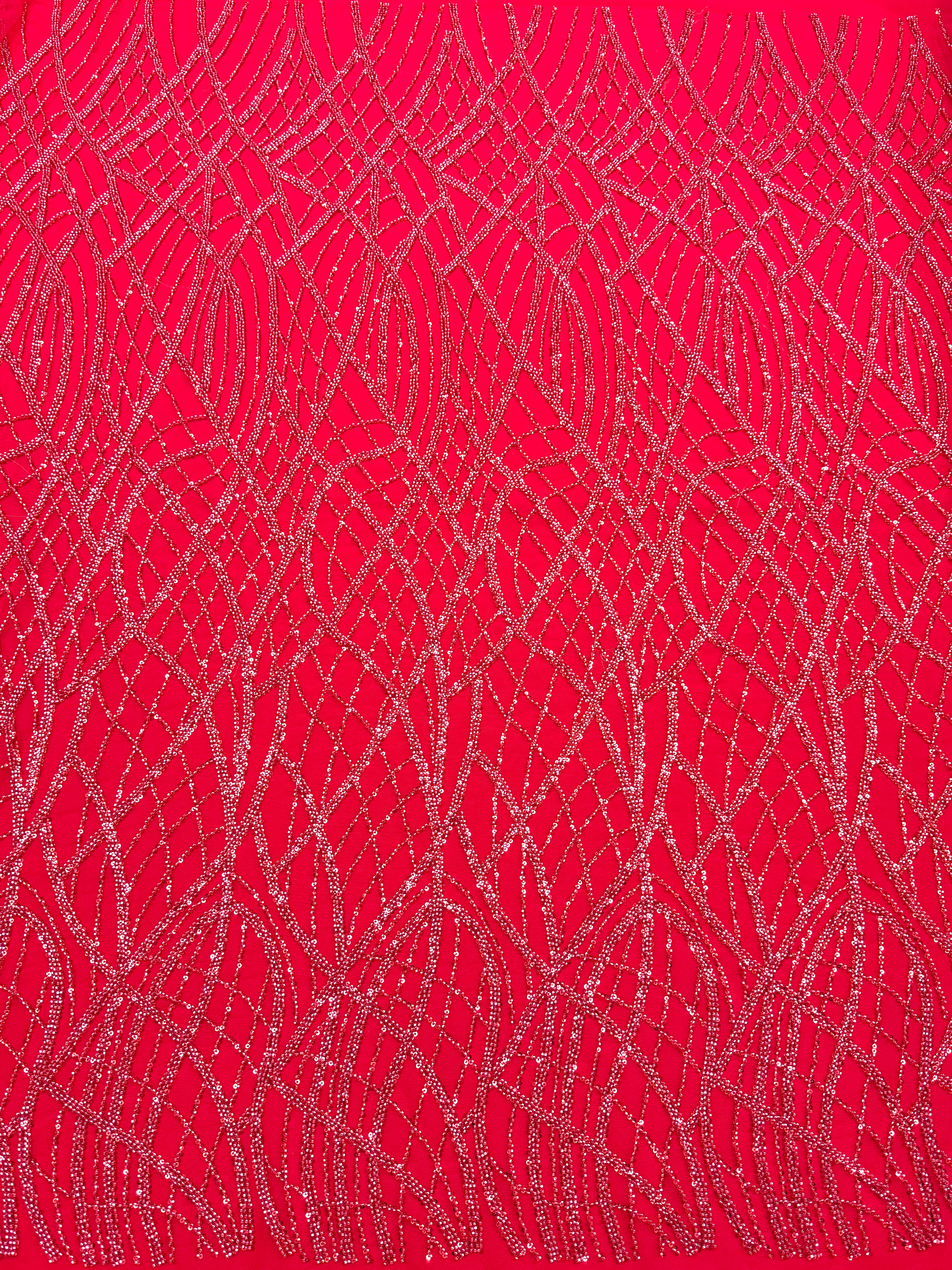 Red Couture Lace with Linear Pattern, with Beads and Sequins