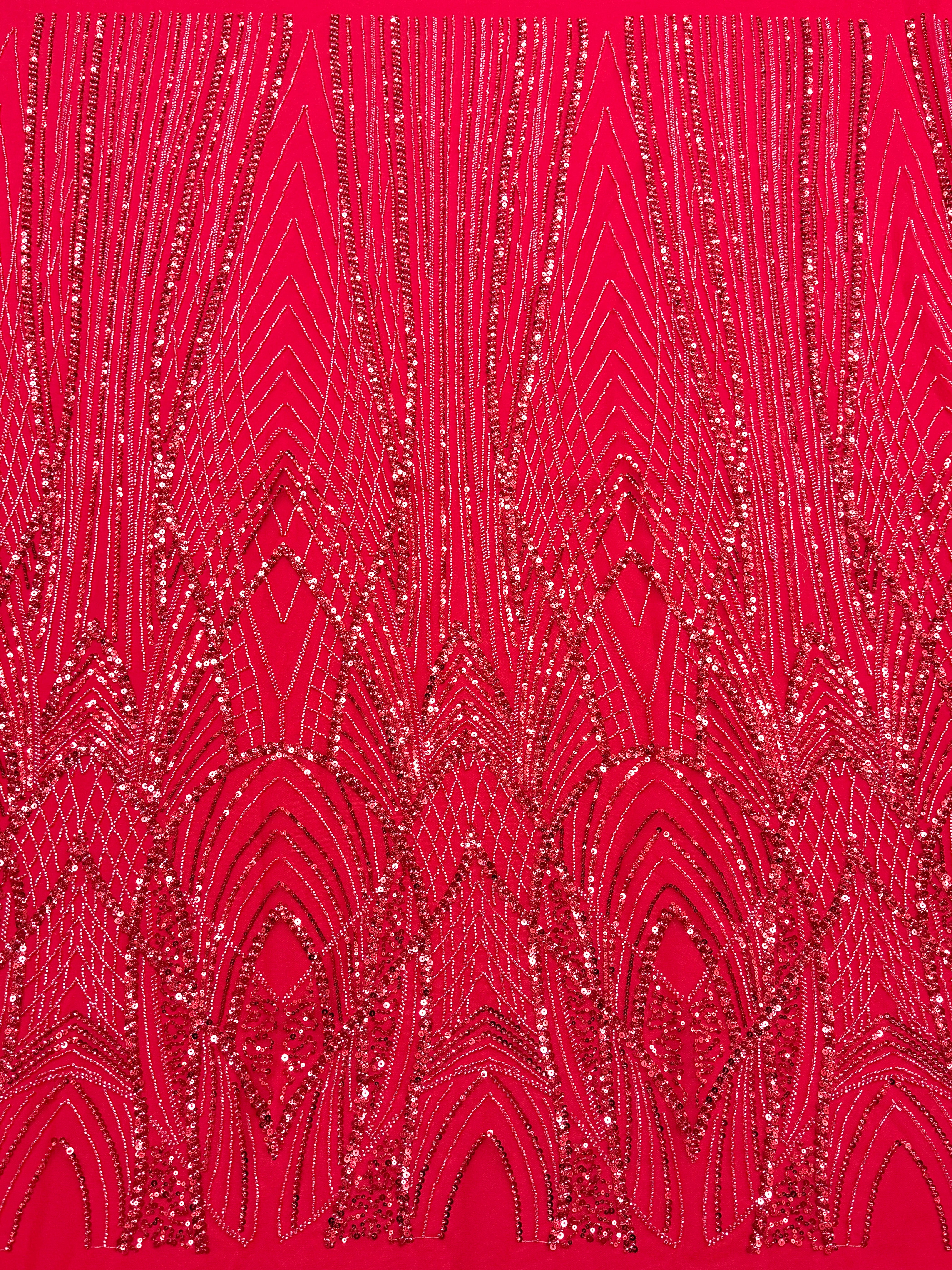 Red Couture Lace with Panel, Beads and Sequins