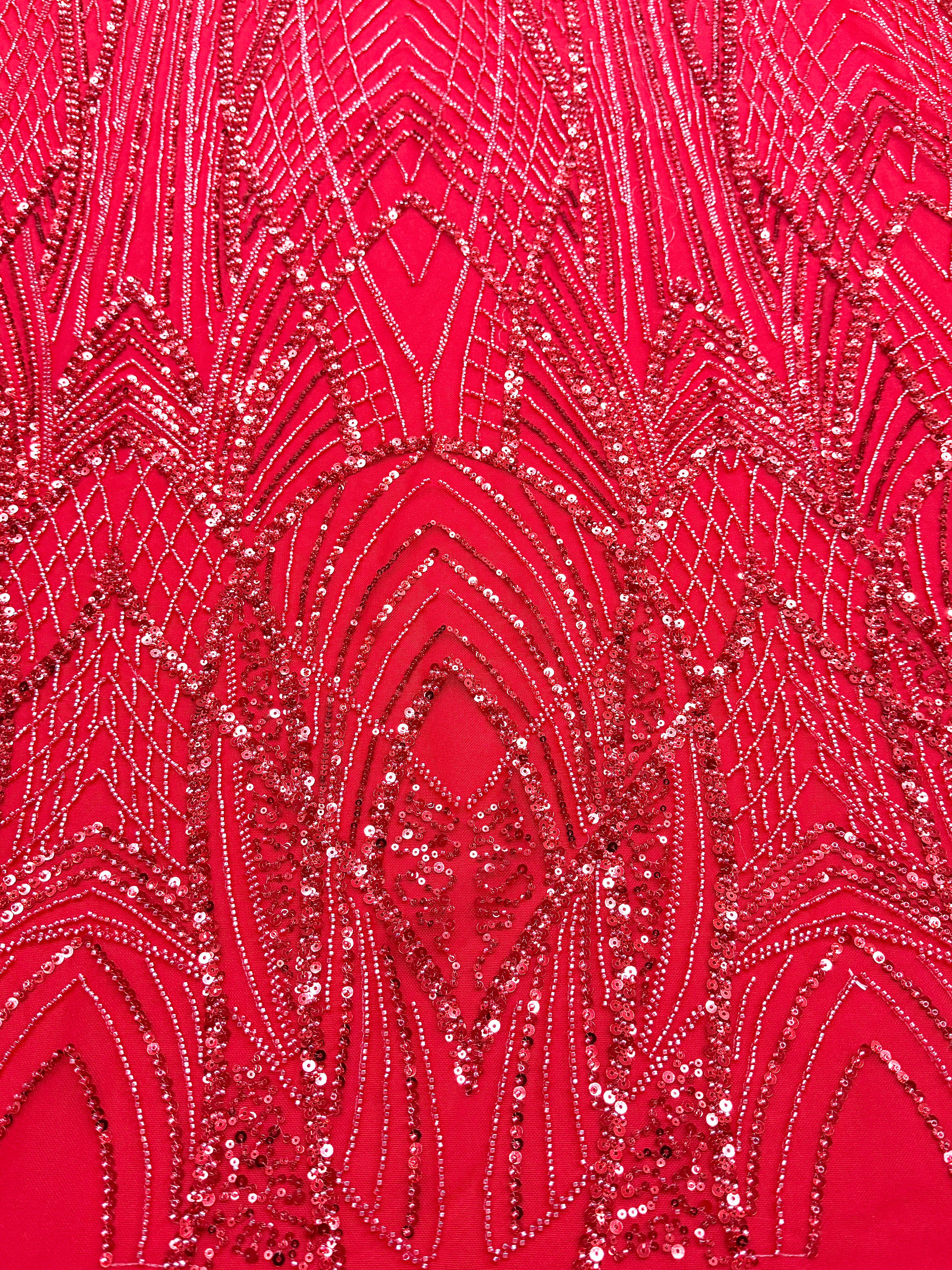 Red Couture Lace with Panel, Beads and Sequins