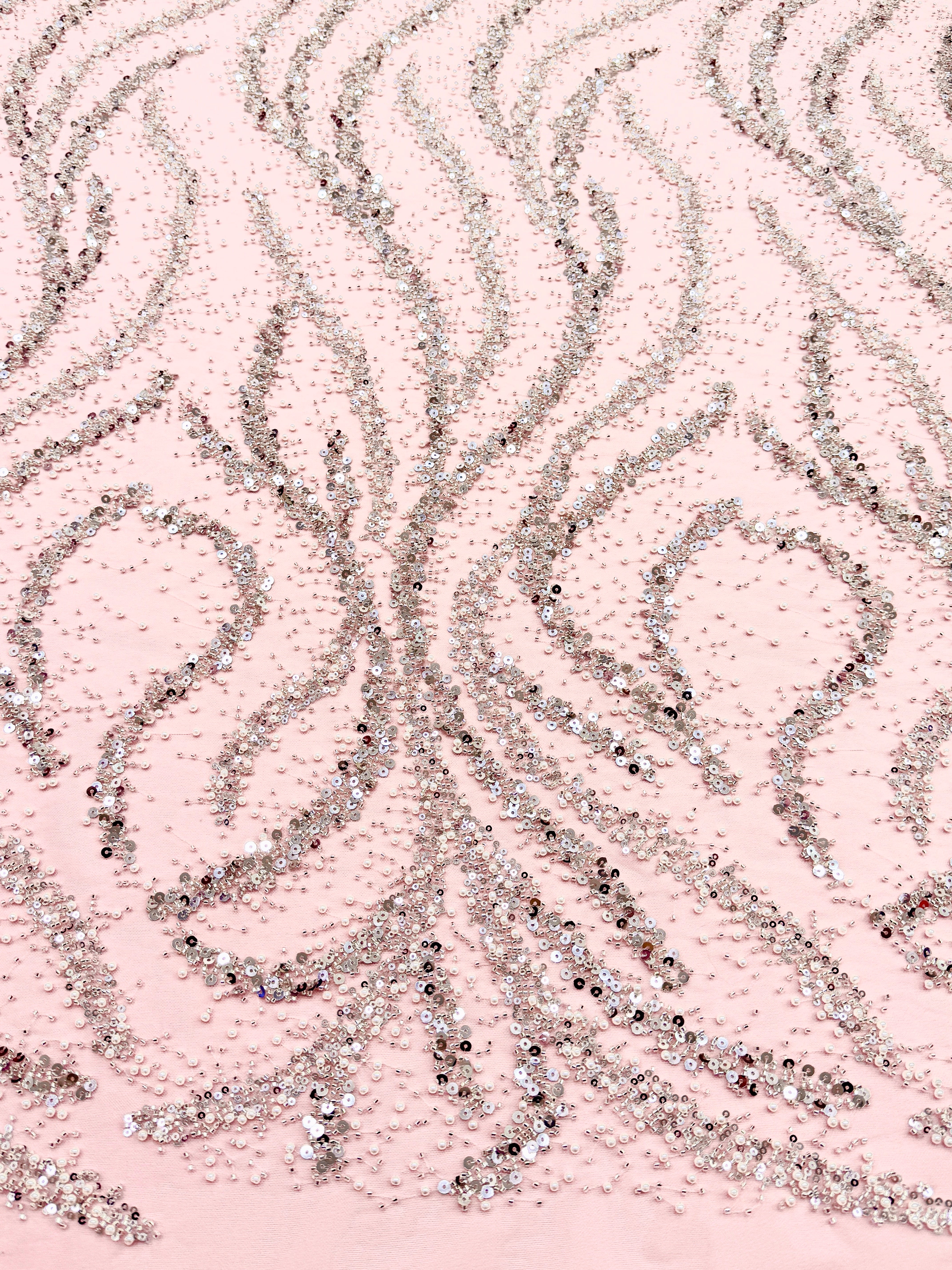 Silver Couture Lace on Pink Tulle with Pearls, Beads and Sequins