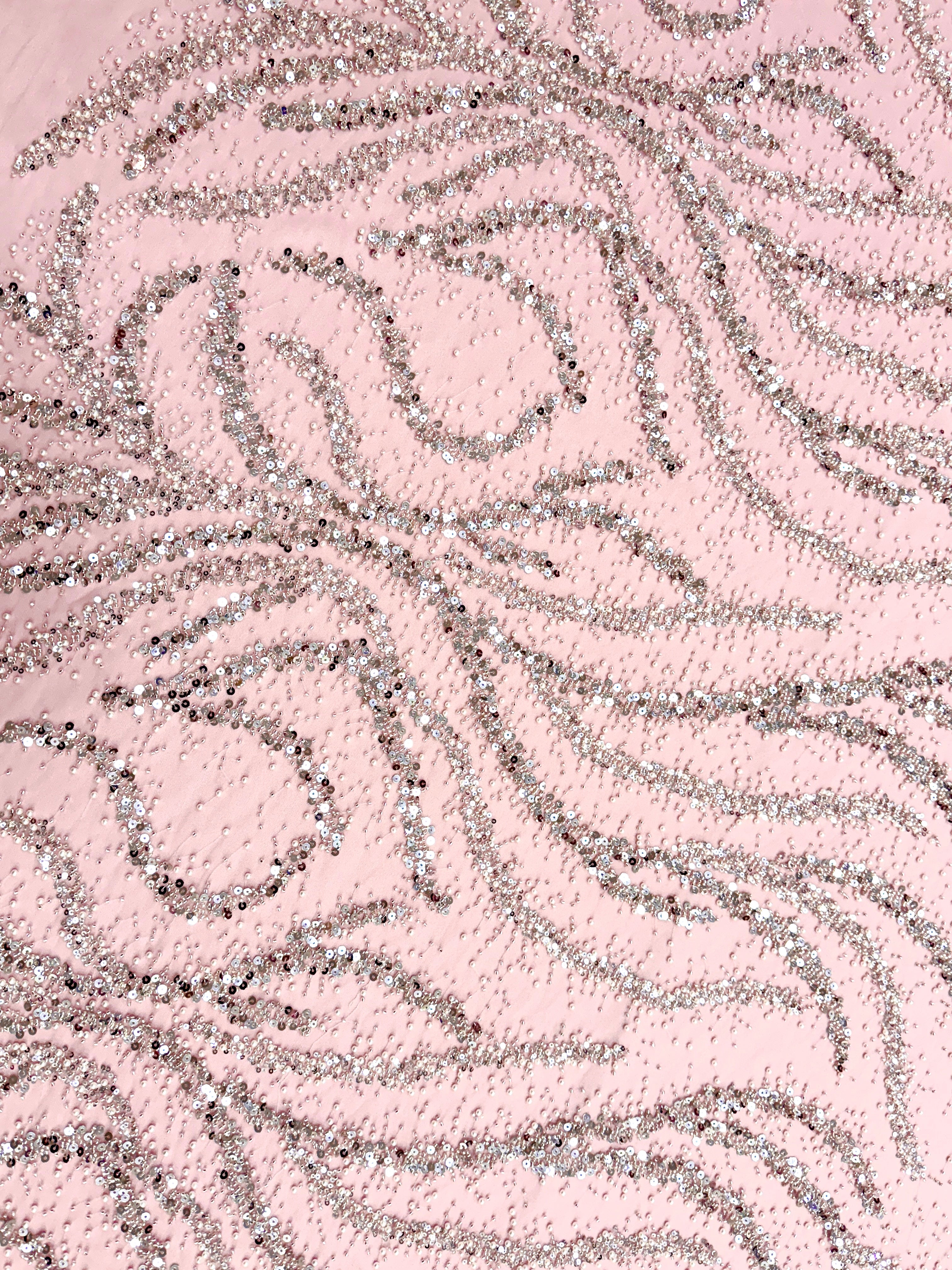 Silver Couture Lace on Pink Tulle with Pearls, Beads and Sequins