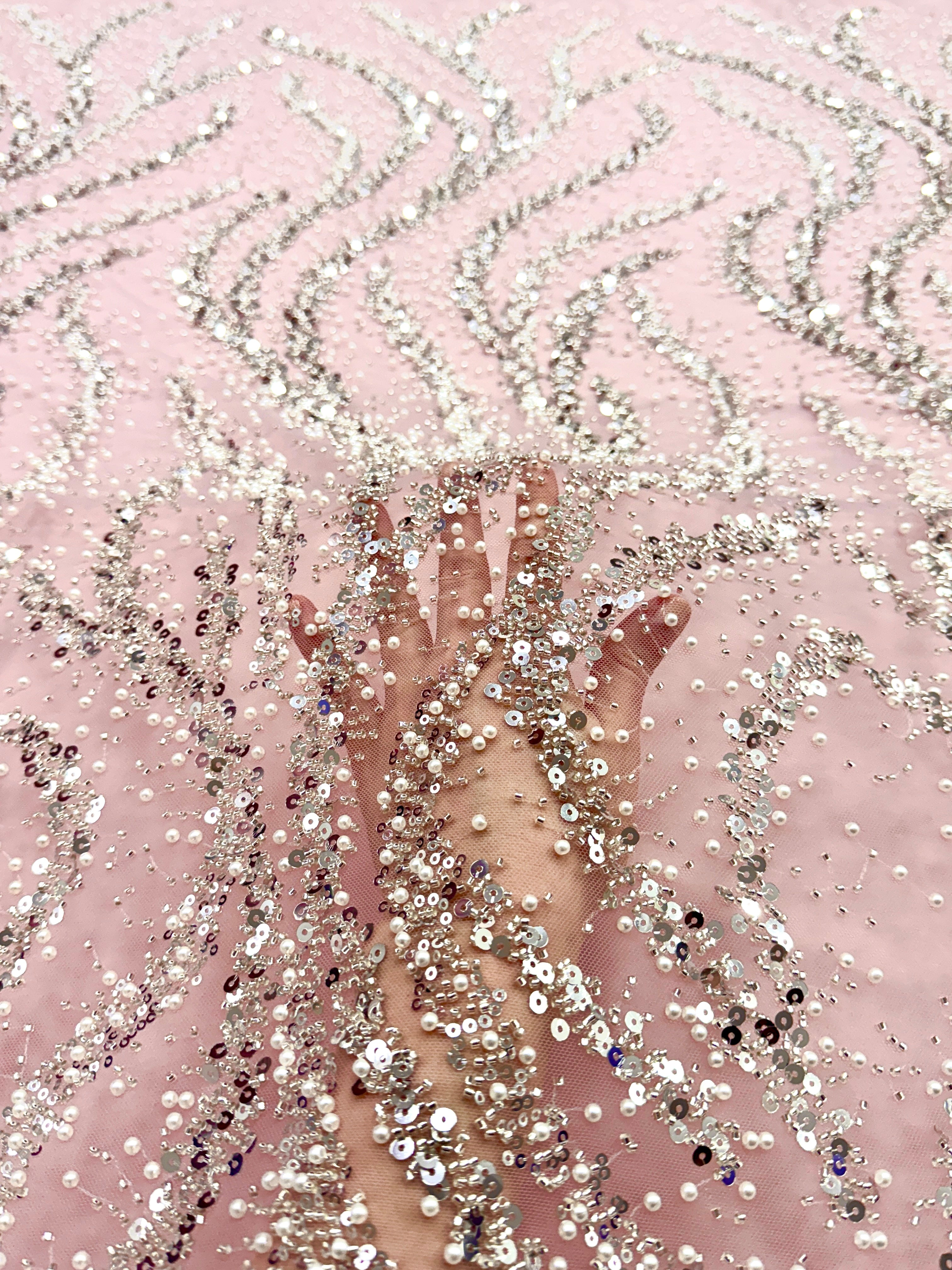 Silver Couture Lace on Pink Tulle with Pearls, Beads and Sequins