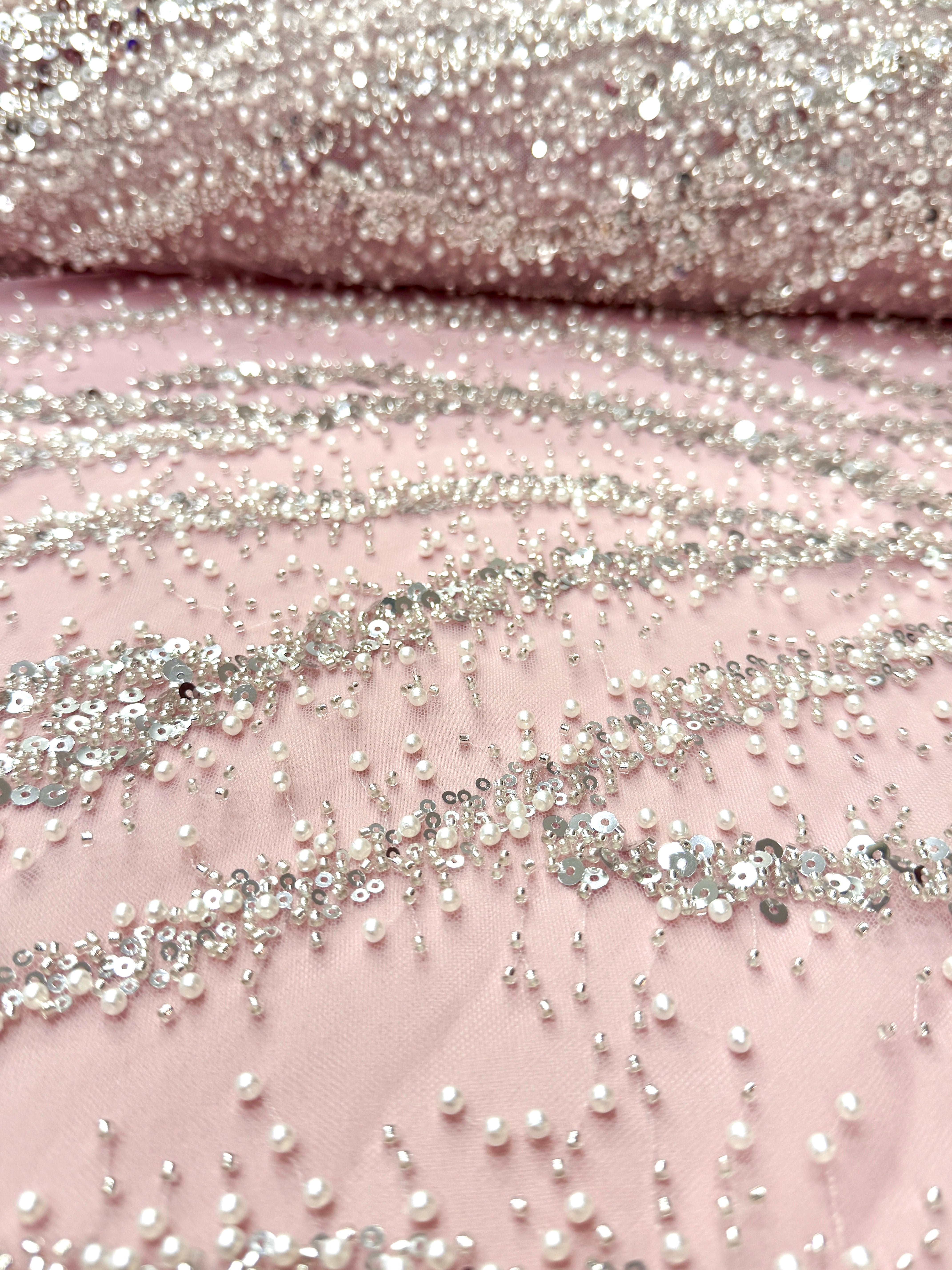 Silver Couture Lace on Pink Tulle with Pearls, Beads and Sequins