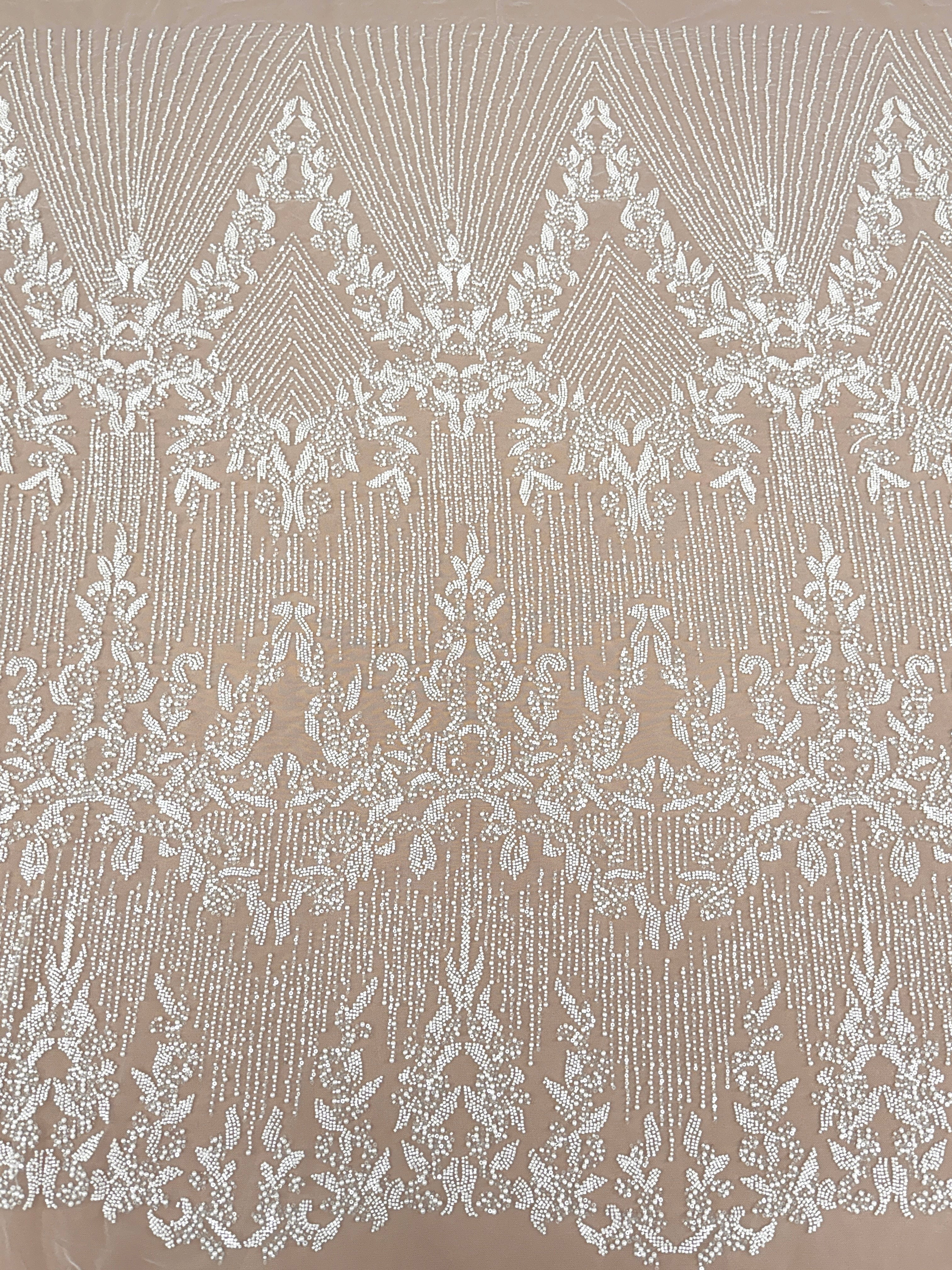 Ivory Lace with Geometric Pattern, with Pearls, Beads and Sequins
