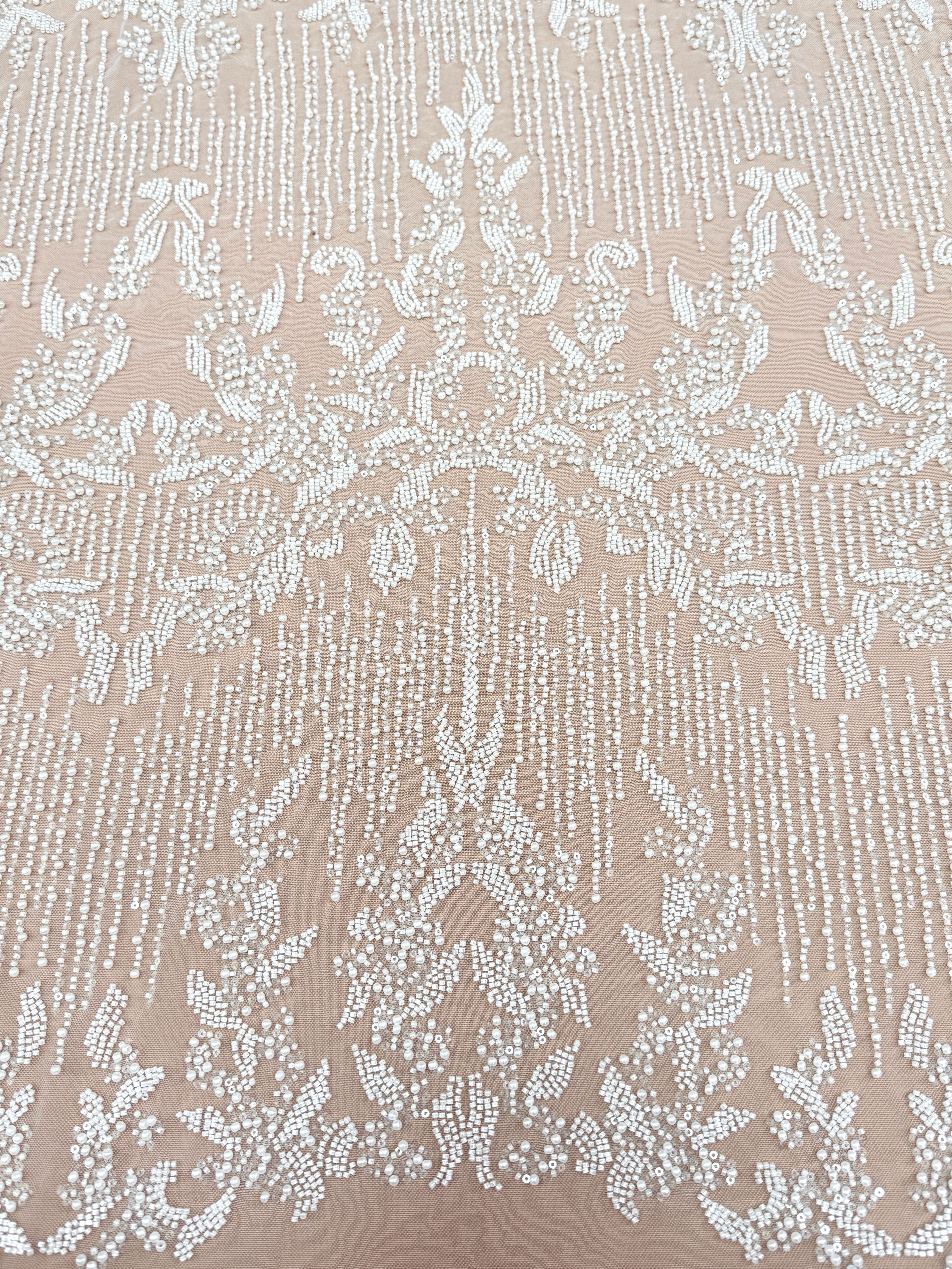 Ivory Lace with Geometric Pattern, with Pearls, Beads and Sequins