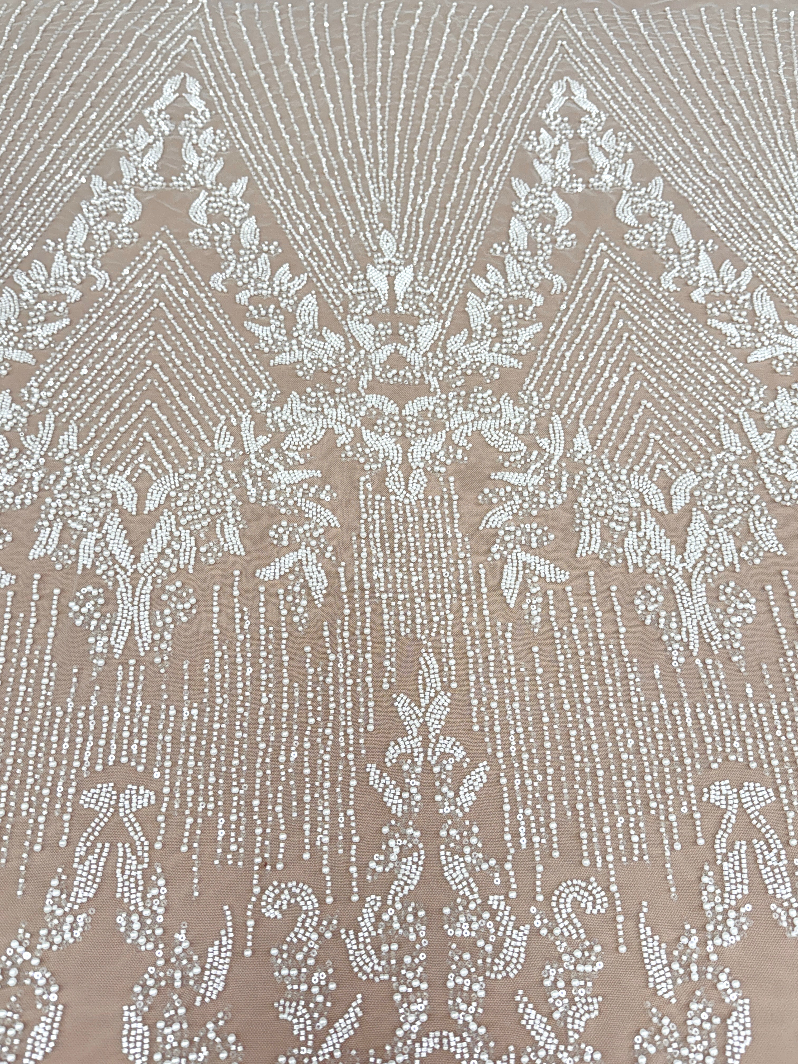 Ivory Lace with Geometric Pattern, with Pearls, Beads and Sequins