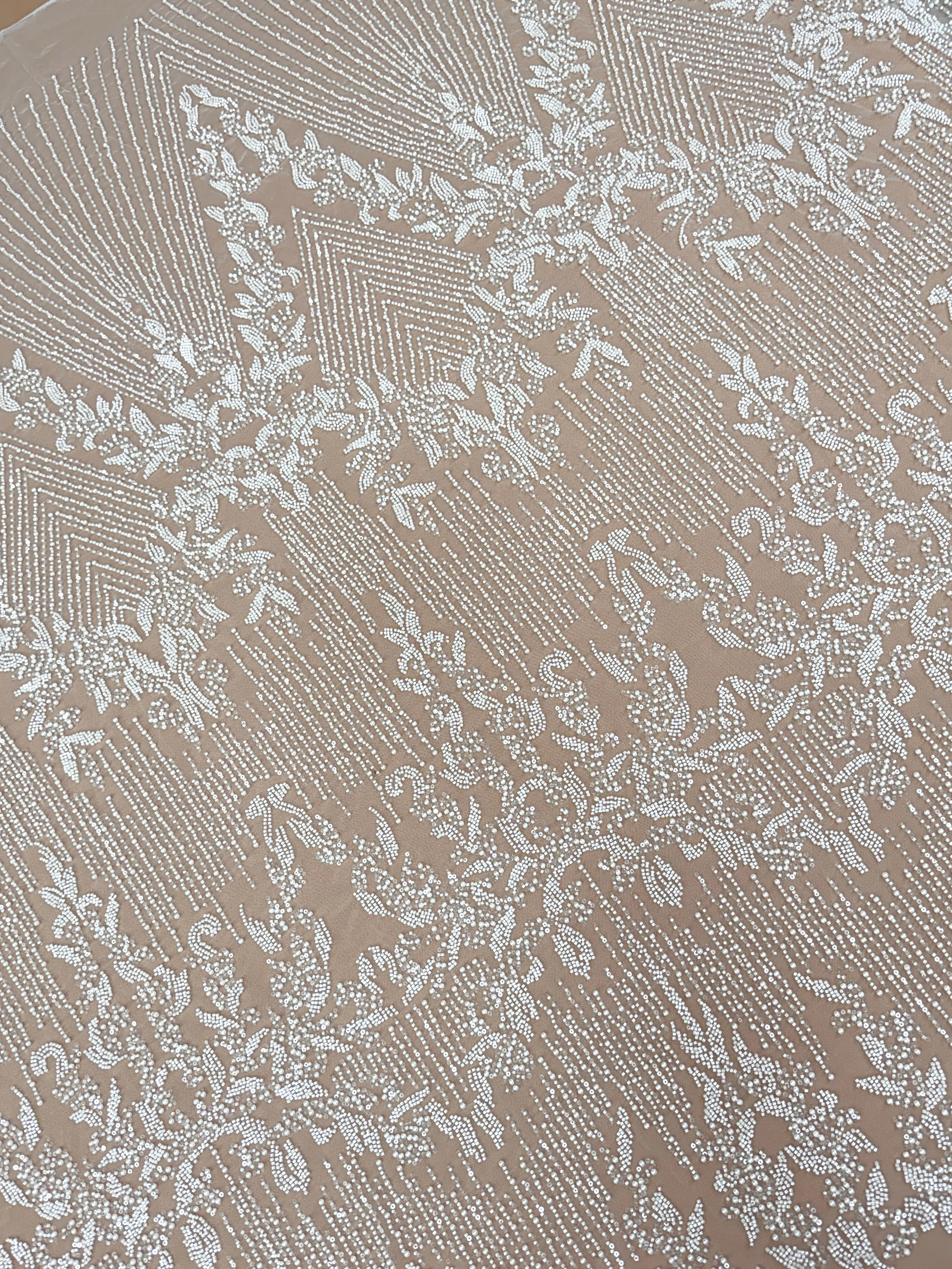 Ivory Lace with Geometric Pattern, with Pearls, Beads and Sequins