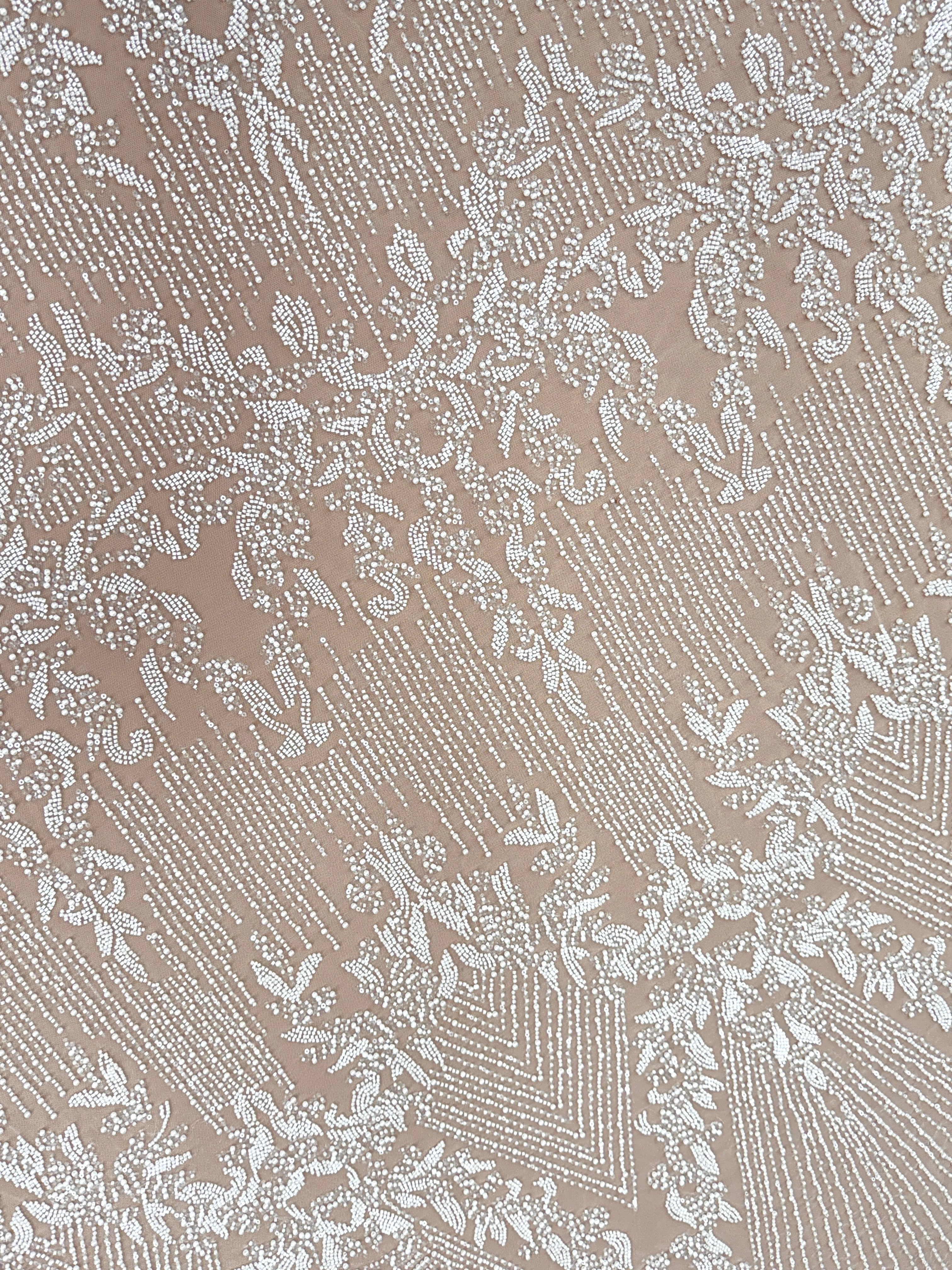 Ivory Lace with Geometric Pattern, with Pearls, Beads and Sequins