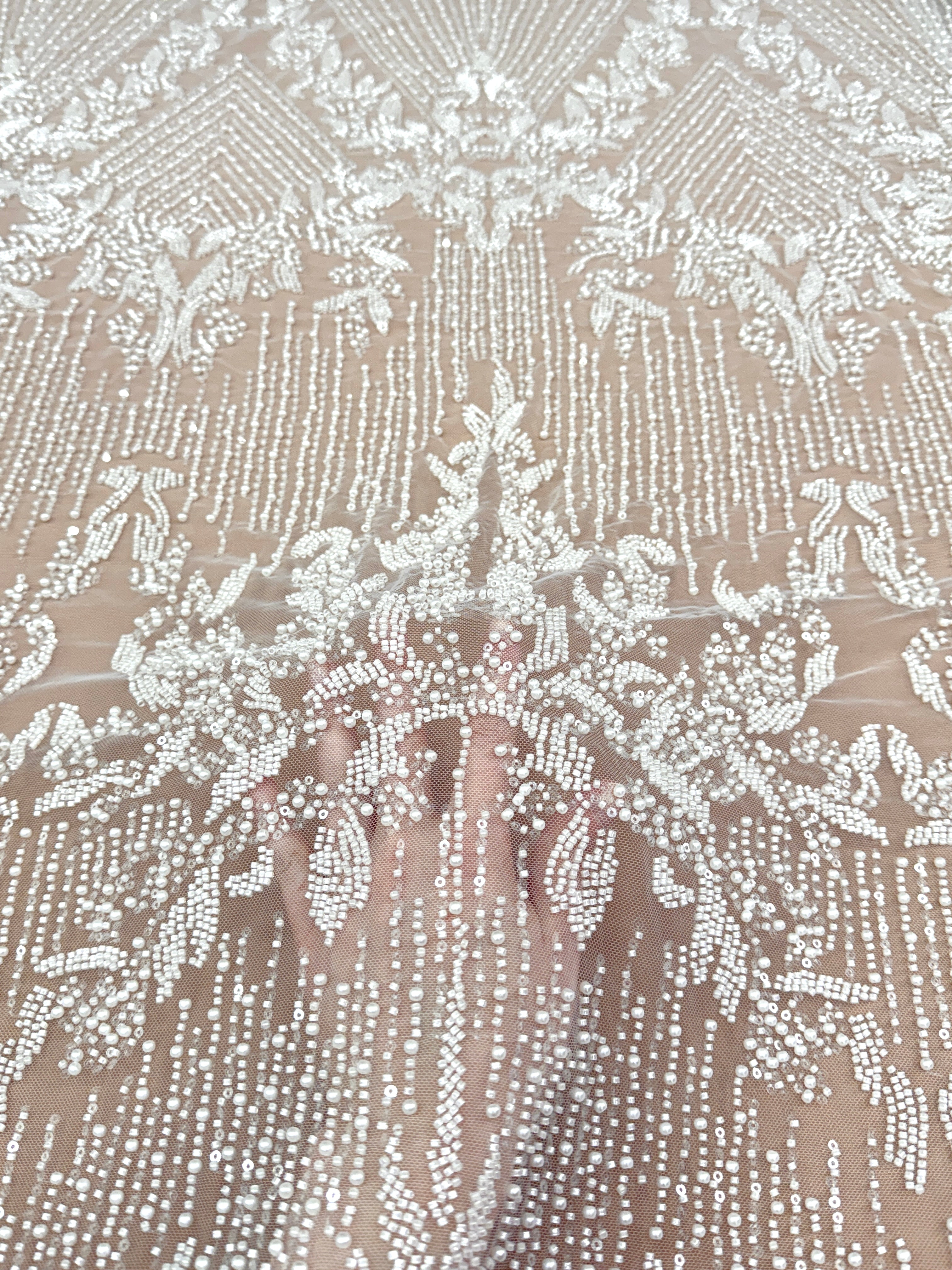 Ivory Lace with Geometric Pattern, with Pearls, Beads and Sequins