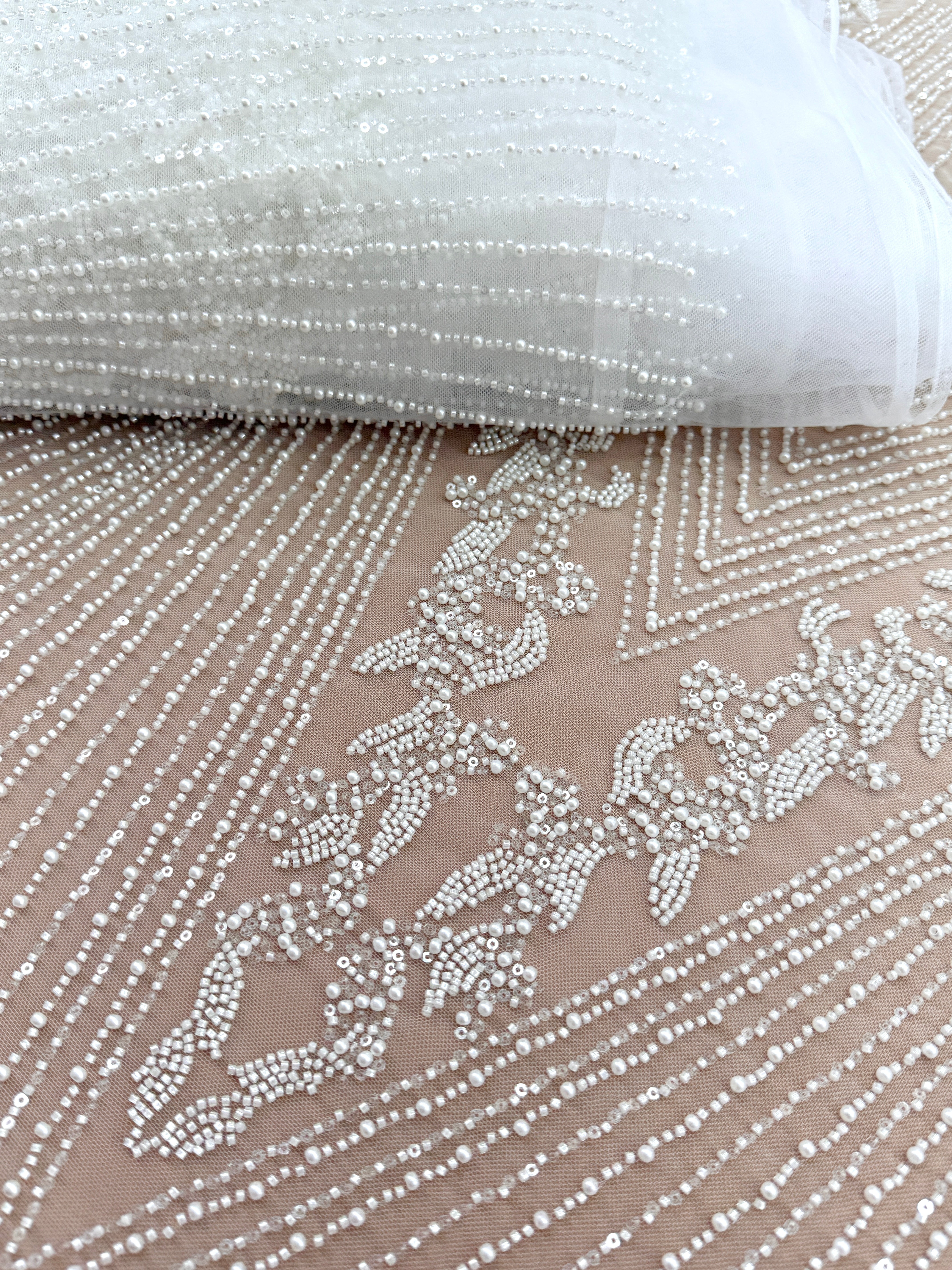 Ivory Lace with Geometric Pattern, with Pearls, Beads and Sequins