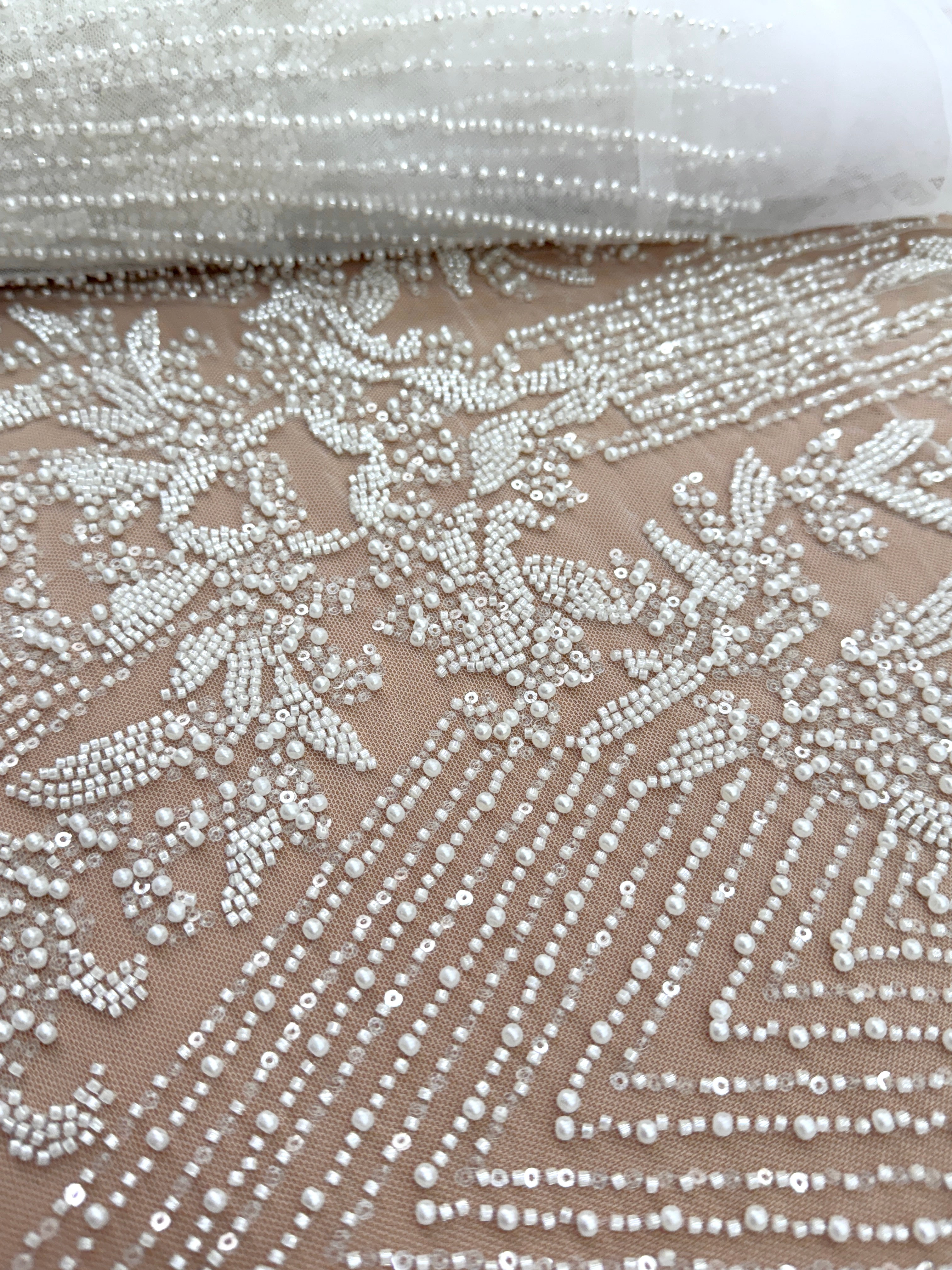 Ivory Lace with Geometric Pattern, with Pearls, Beads and Sequins