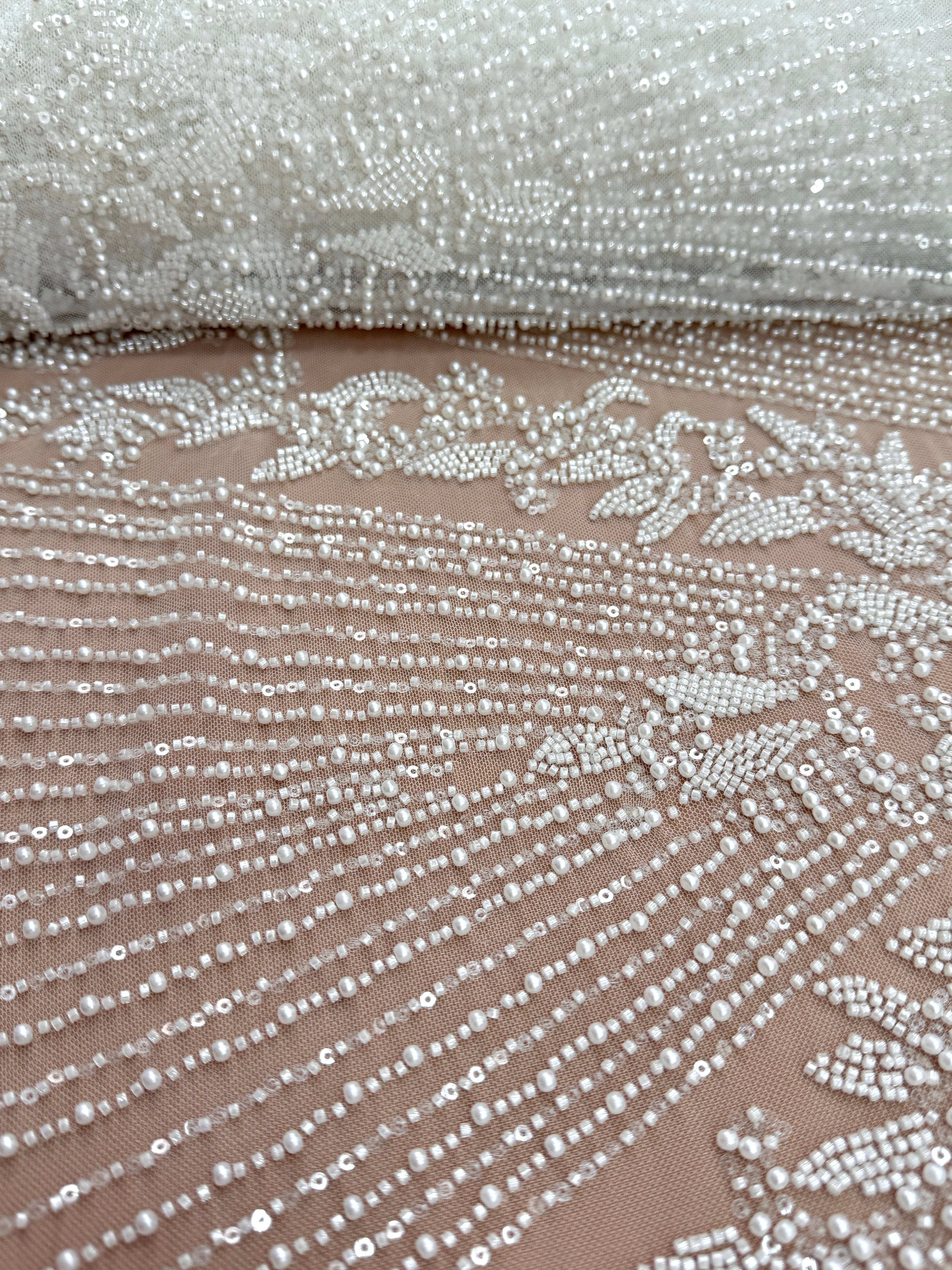 Ivory Lace with Geometric Pattern, with Pearls, Beads and Sequins
