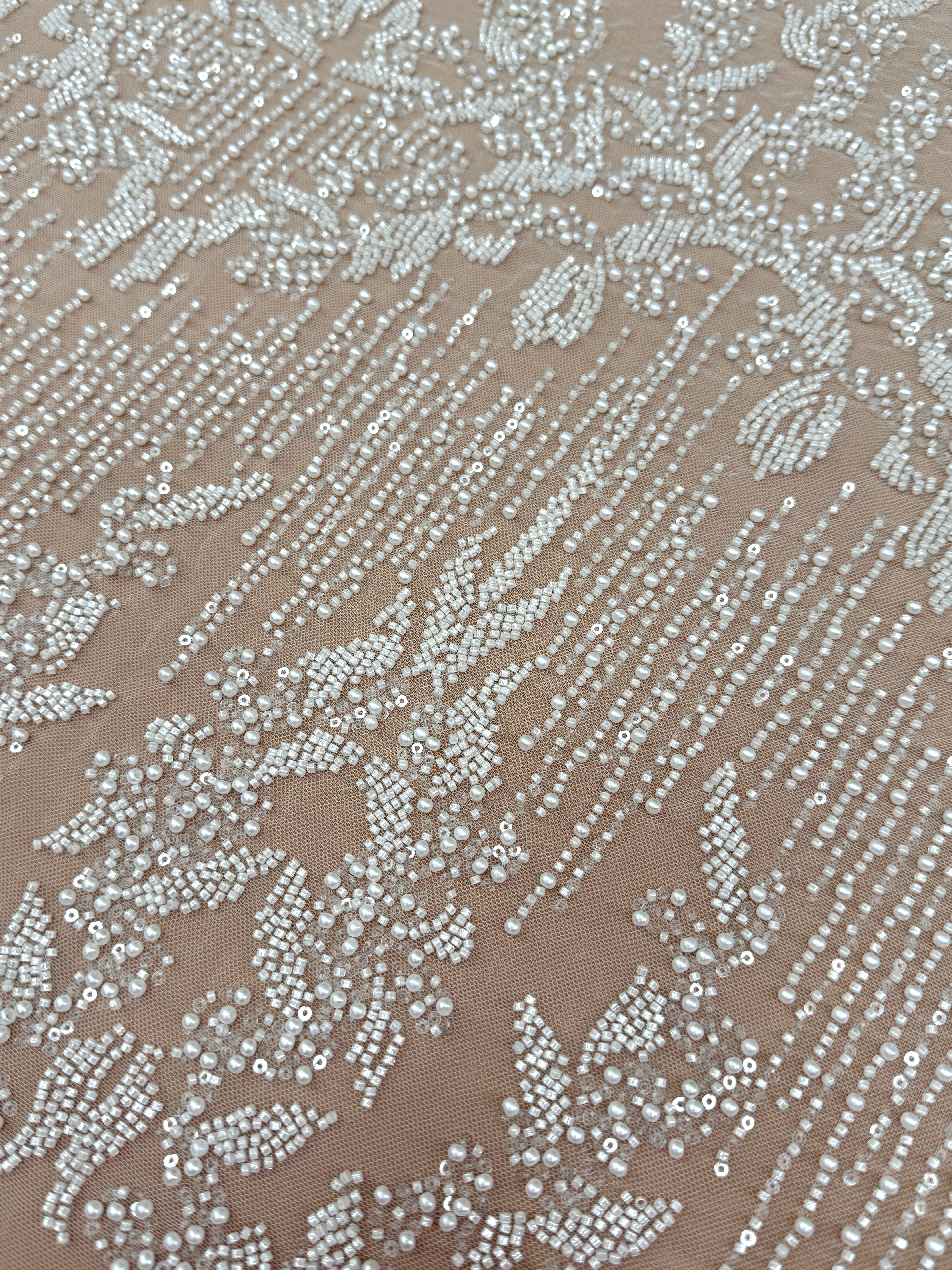 Ivory Lace with Geometric Pattern, with Pearls, Beads and Sequins