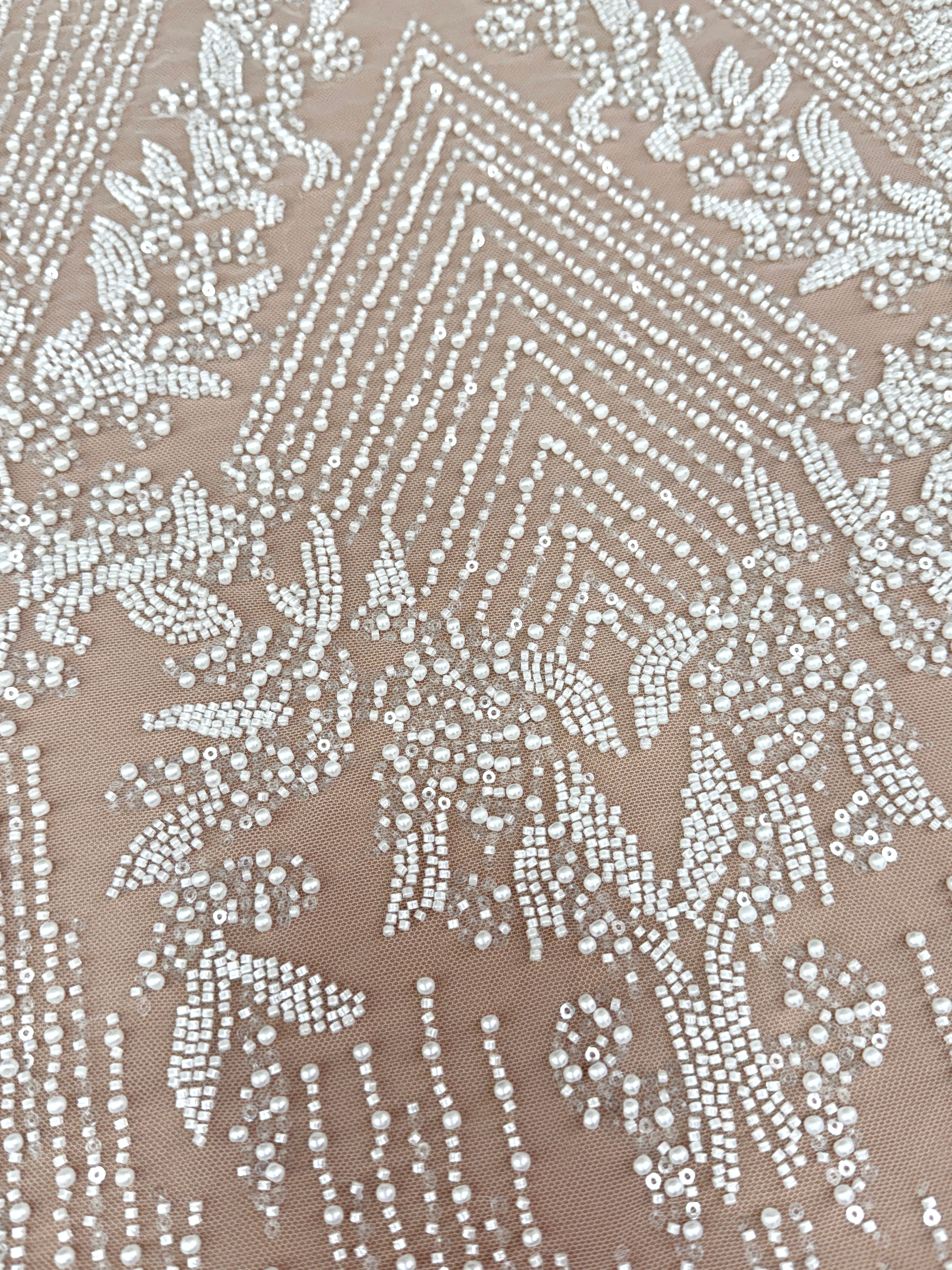 Ivory Lace with Geometric Pattern, with Pearls, Beads and Sequins