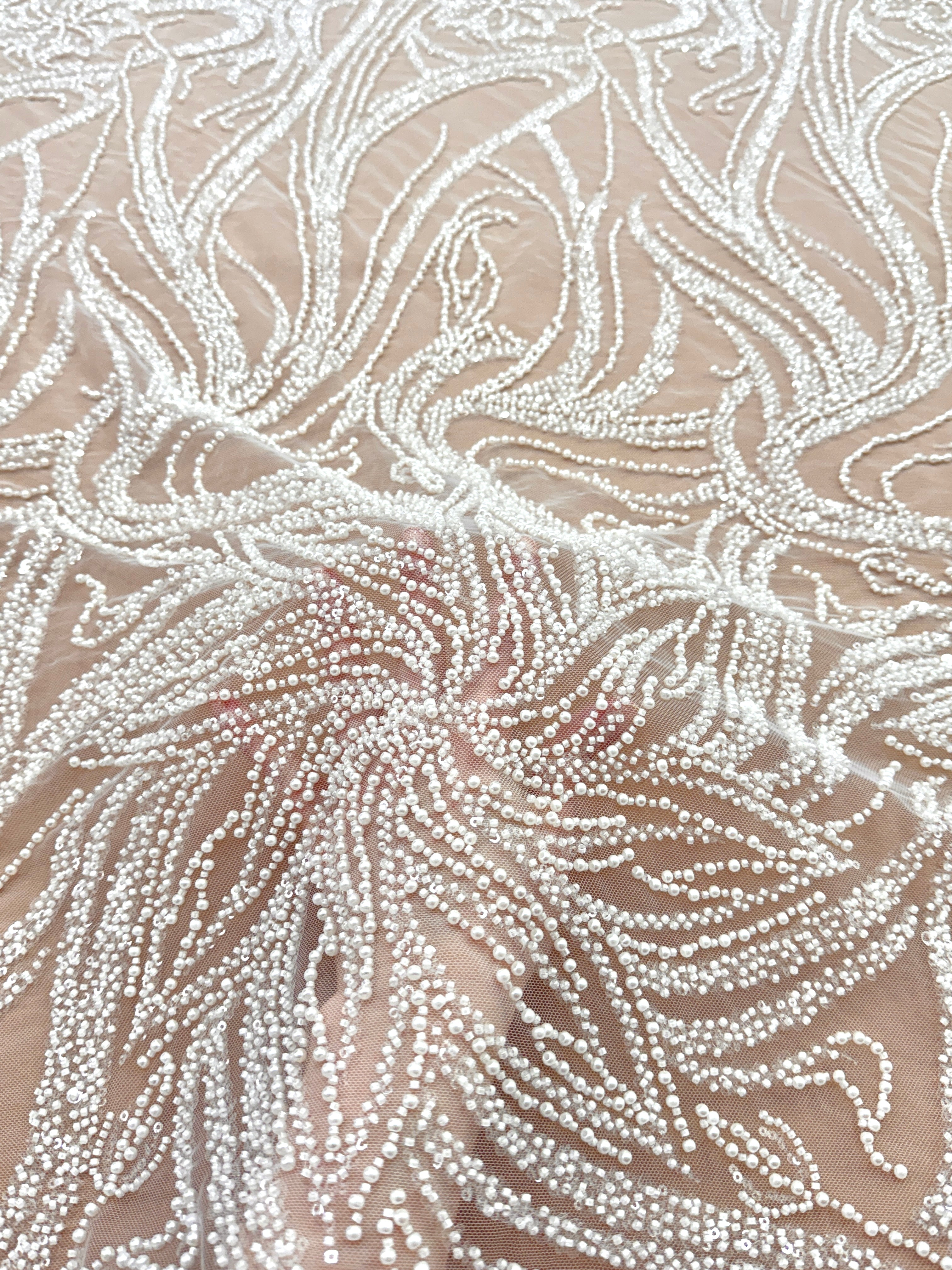 Ivory Couture Lace with Floral Pattern, Pearls, Beads and Sequins