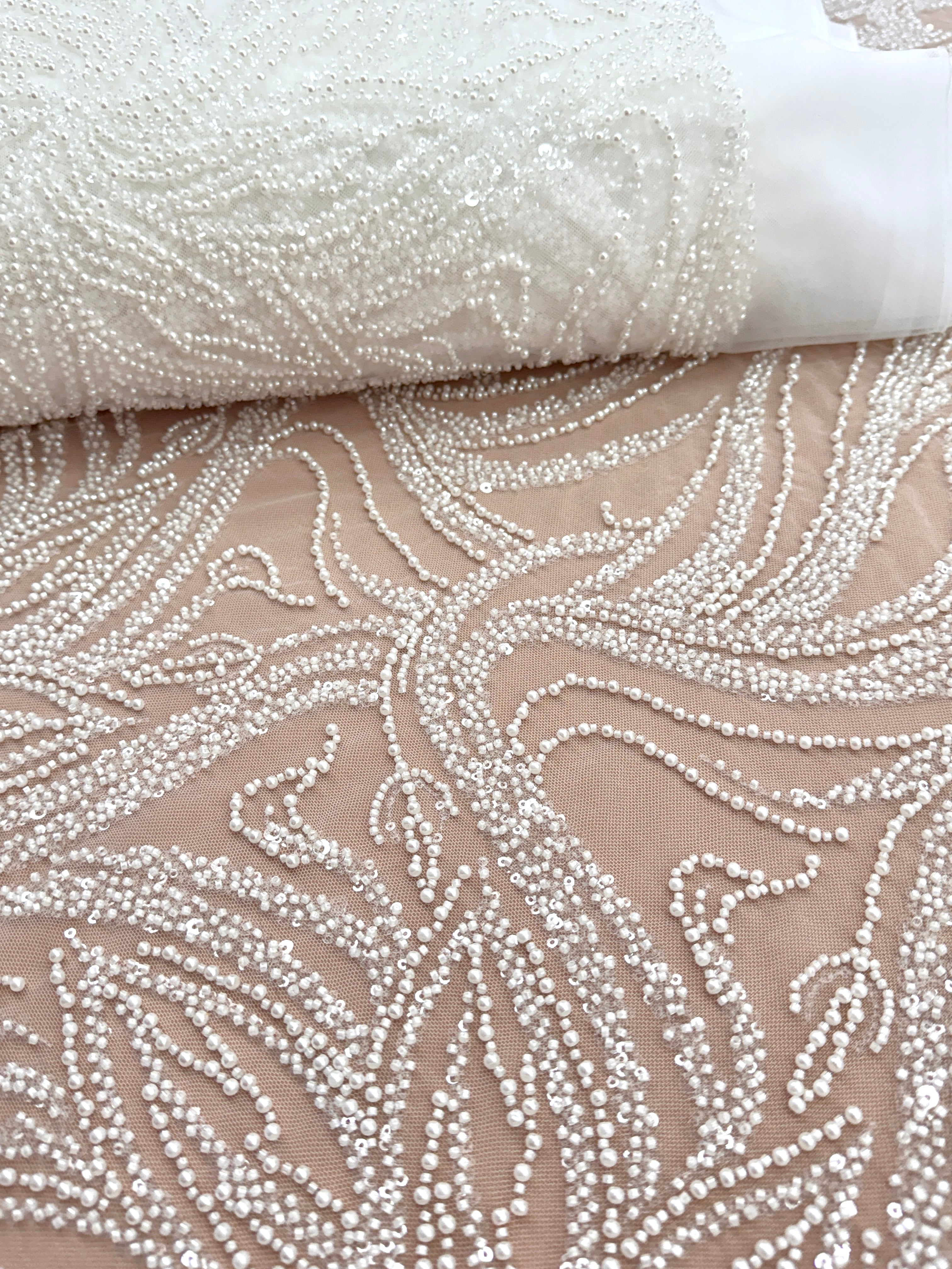 Ivory Couture Lace with Floral Pattern, Pearls, Beads and Sequins