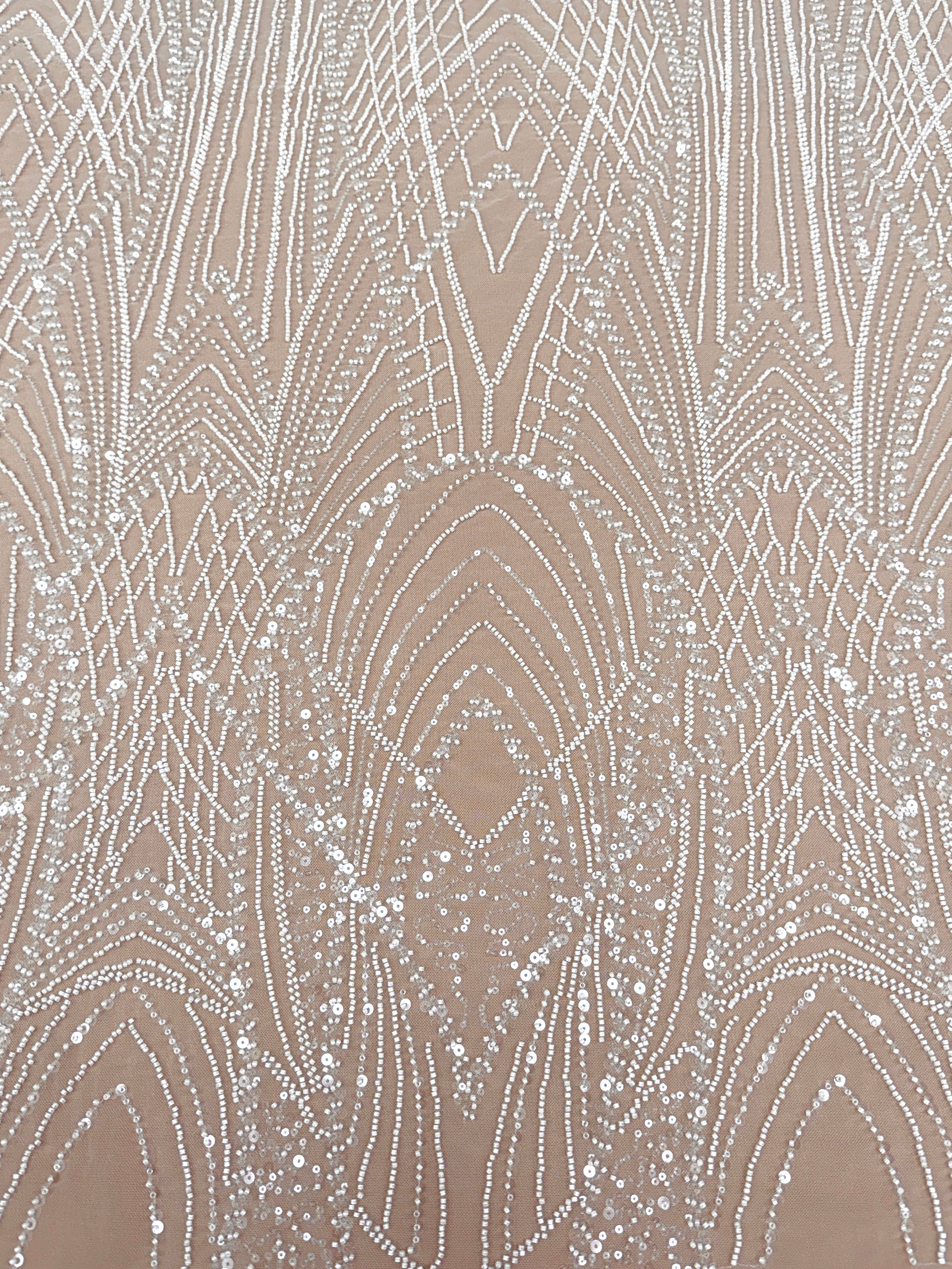 Dantela Couture Ivory cu Panou, cu Margele si Paiete