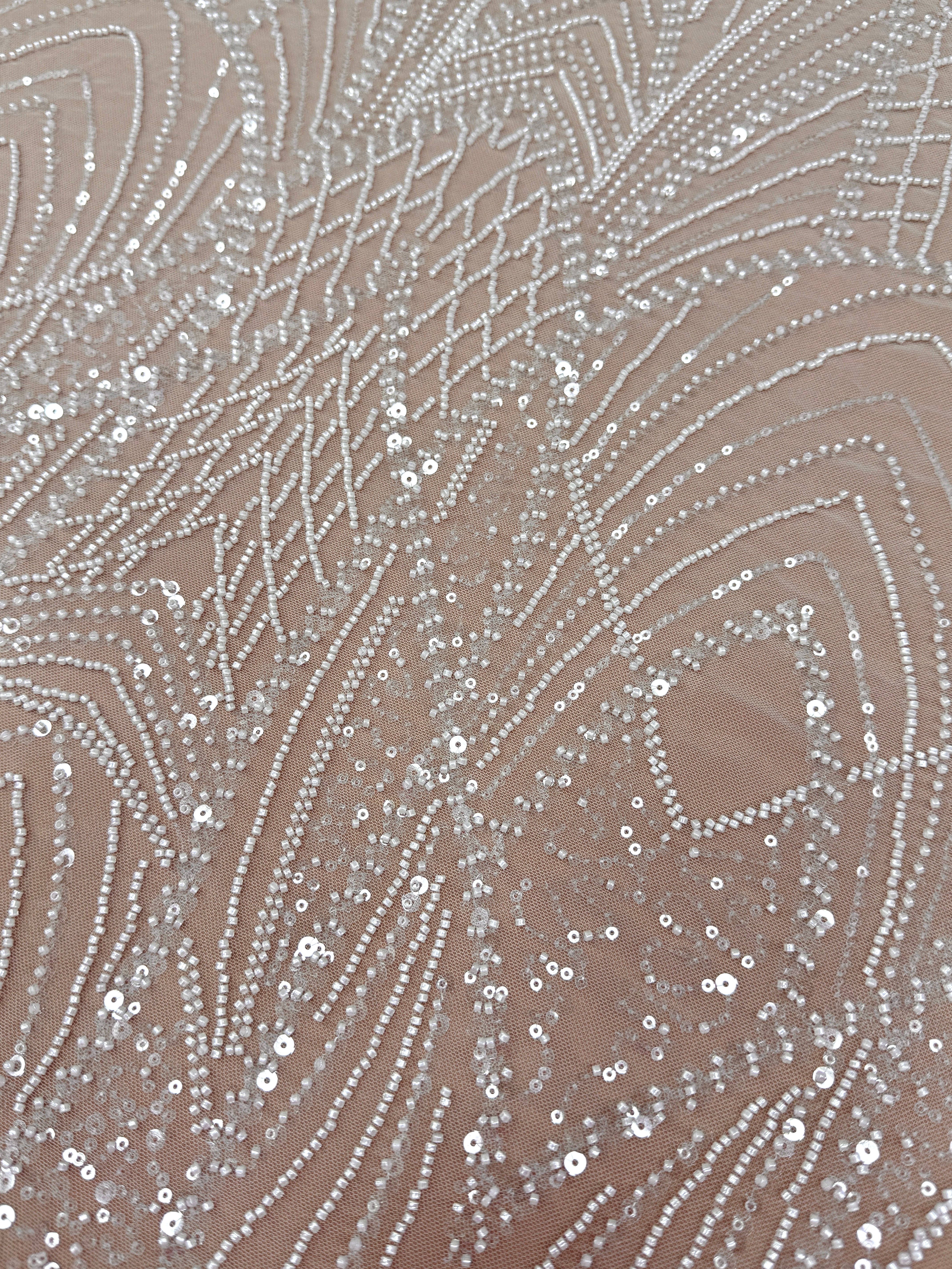 Dantela Couture Ivory cu Panou, cu Margele si Paiete