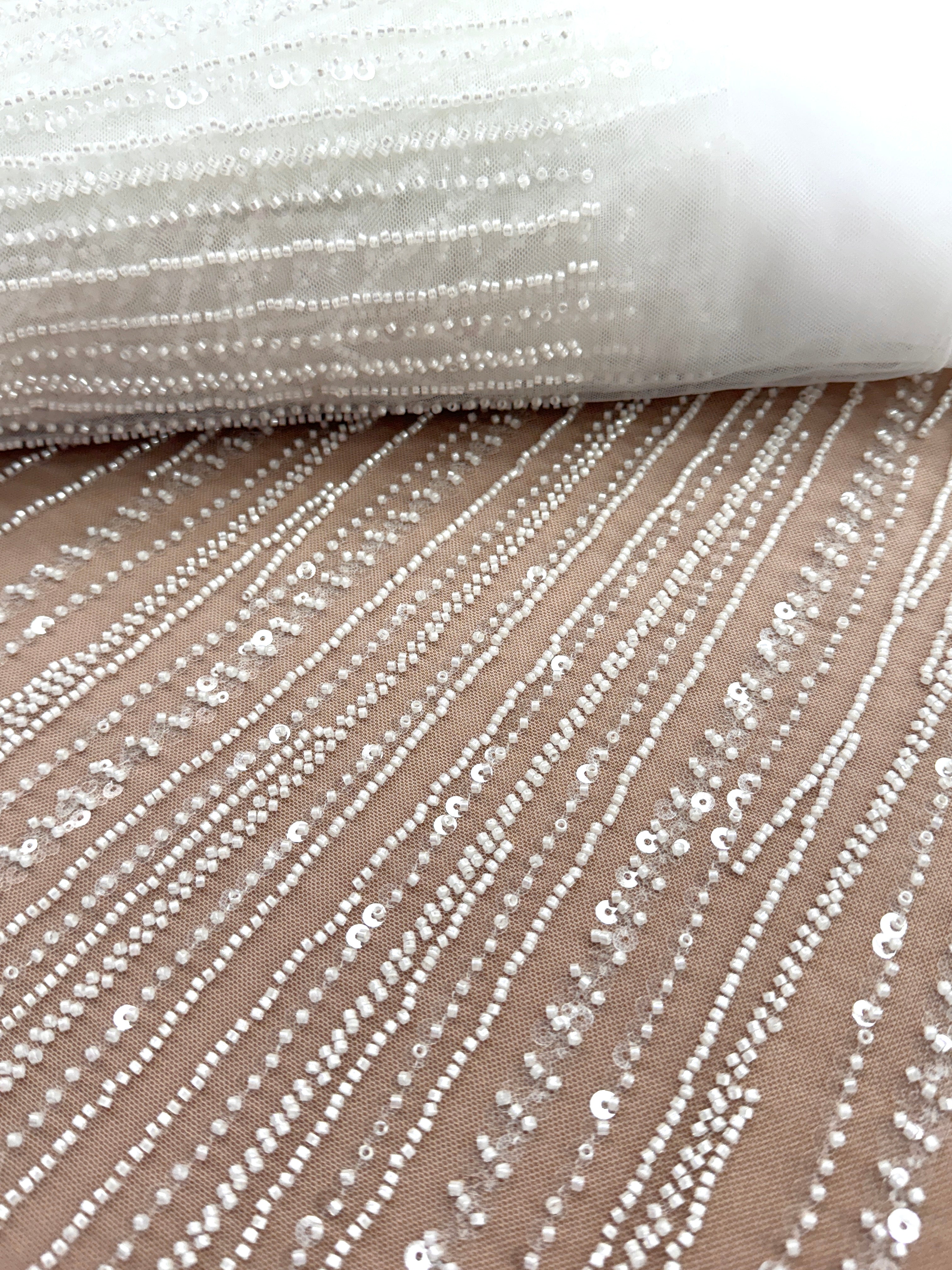 Dantela Couture Ivory cu Panou, cu Margele si Paiete