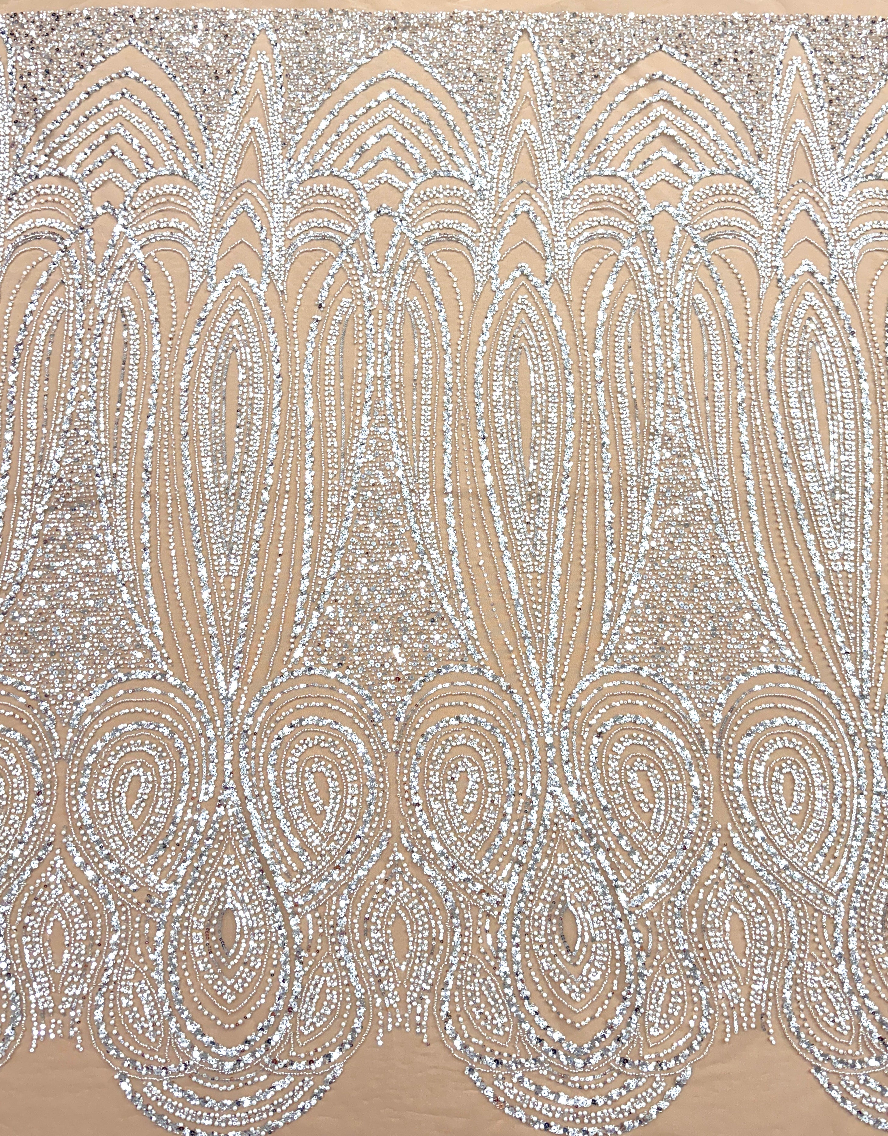 Silver Couture Lace on Nude Tulle with Geometric Pattern, with Pearls, Beads and Sequins