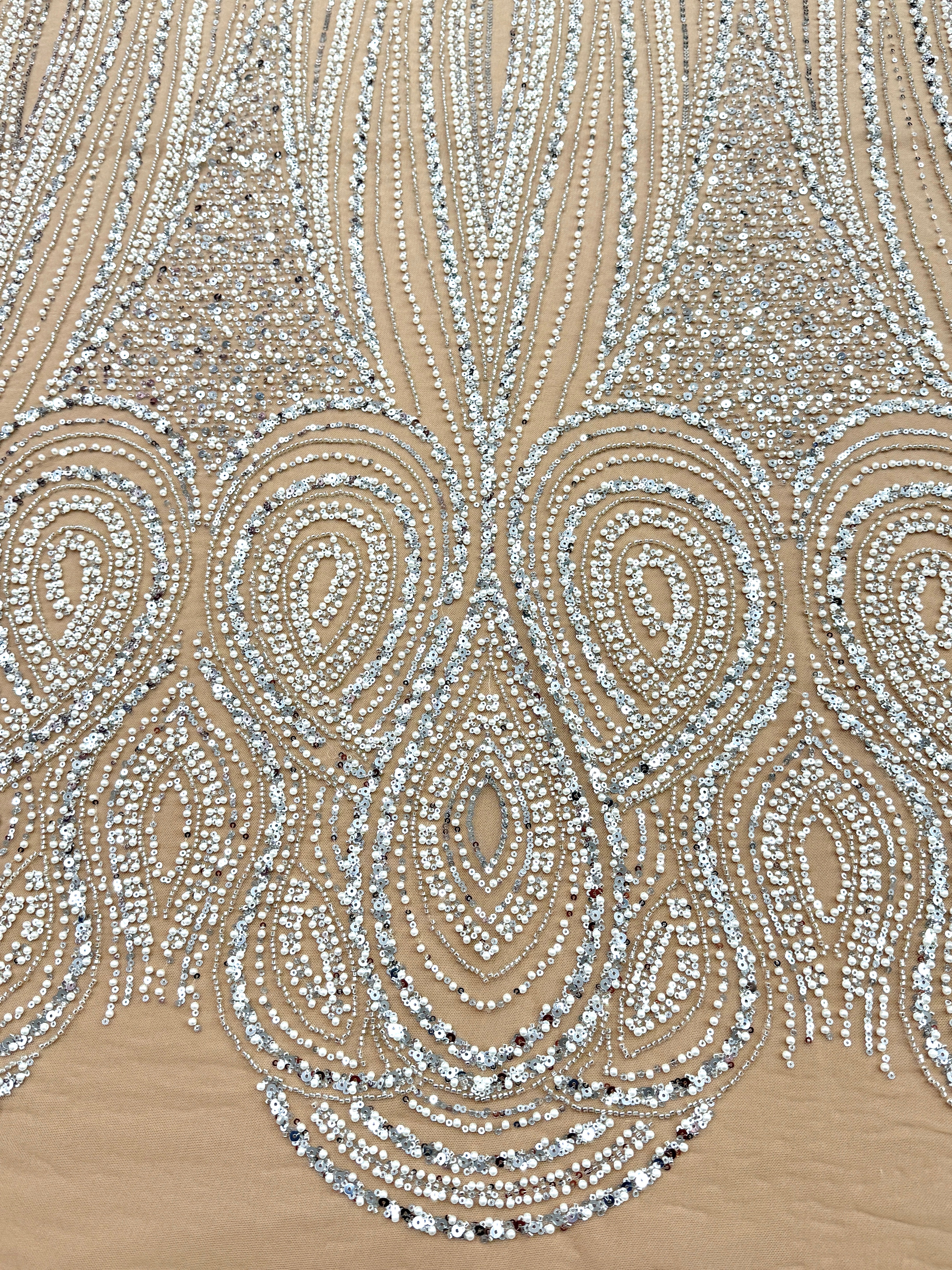 Silver Couture Lace on Nude Tulle with Geometric Pattern, with Pearls, Beads and Sequins