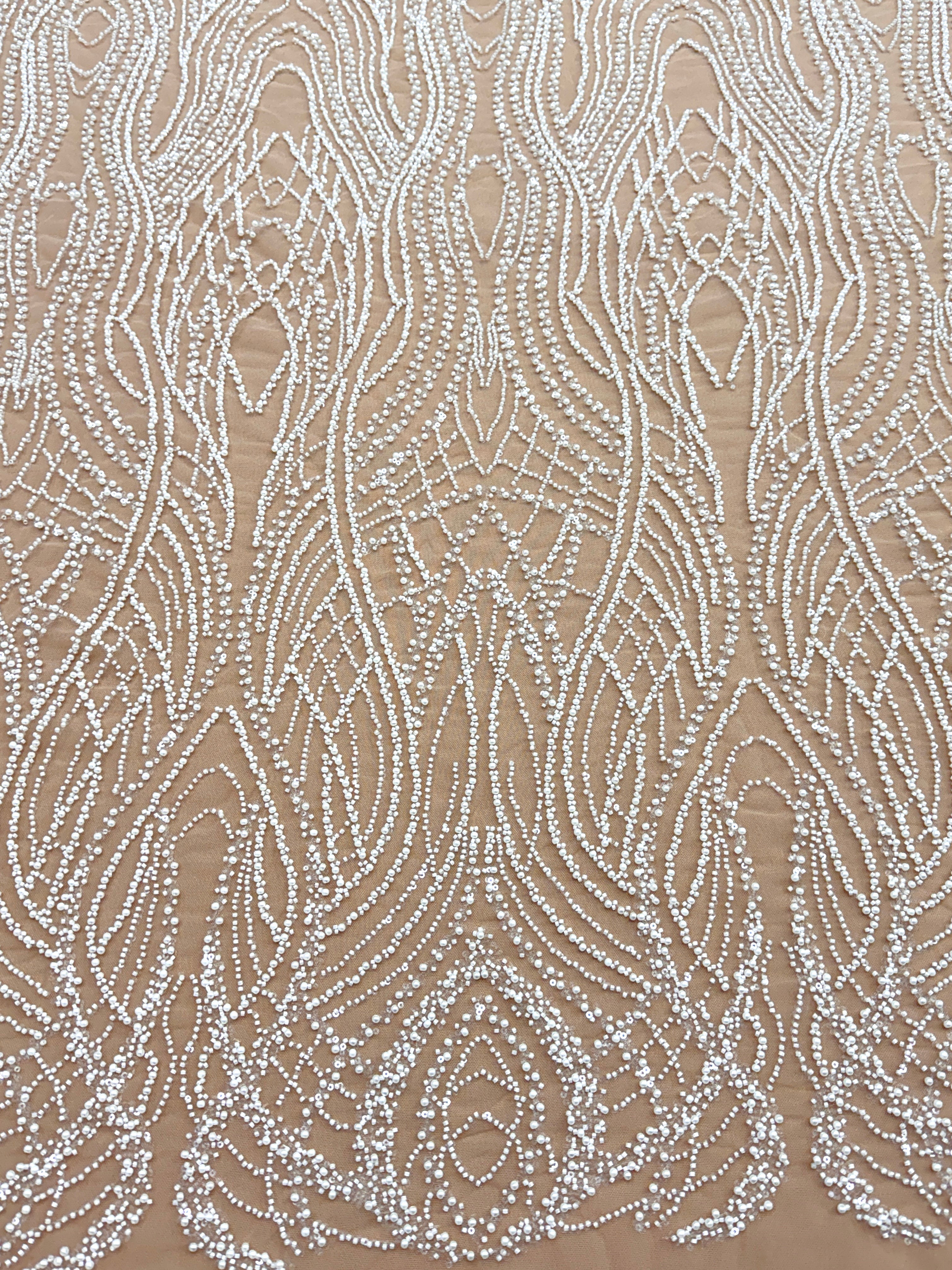 Silver Lace with Nude Tulle with Linear Pattern, Beads and Sequins