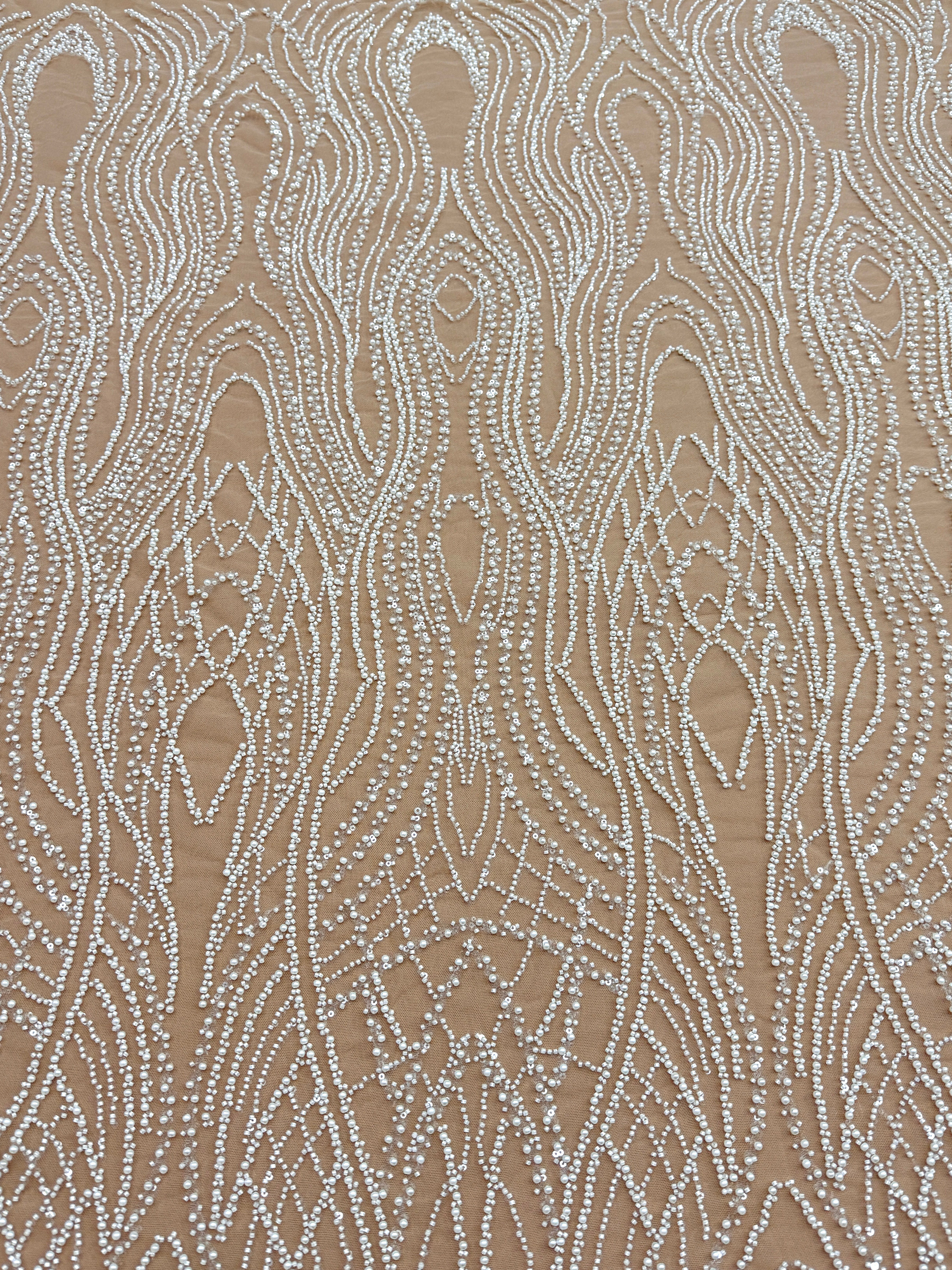Silver Lace with Nude Tulle with Linear Pattern, Beads and Sequins