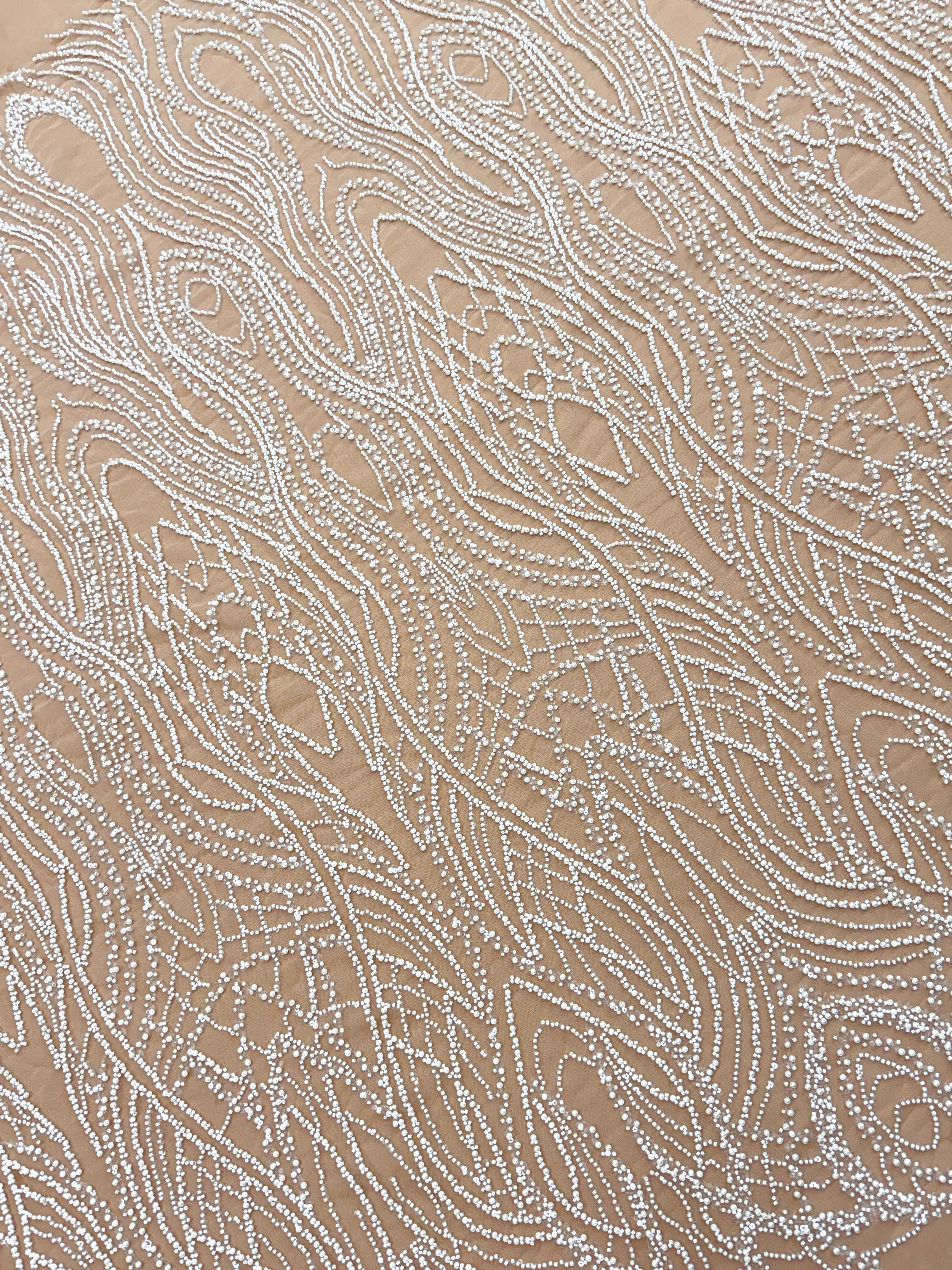 Silver Lace with Nude Tulle with Linear Pattern, Beads and Sequins