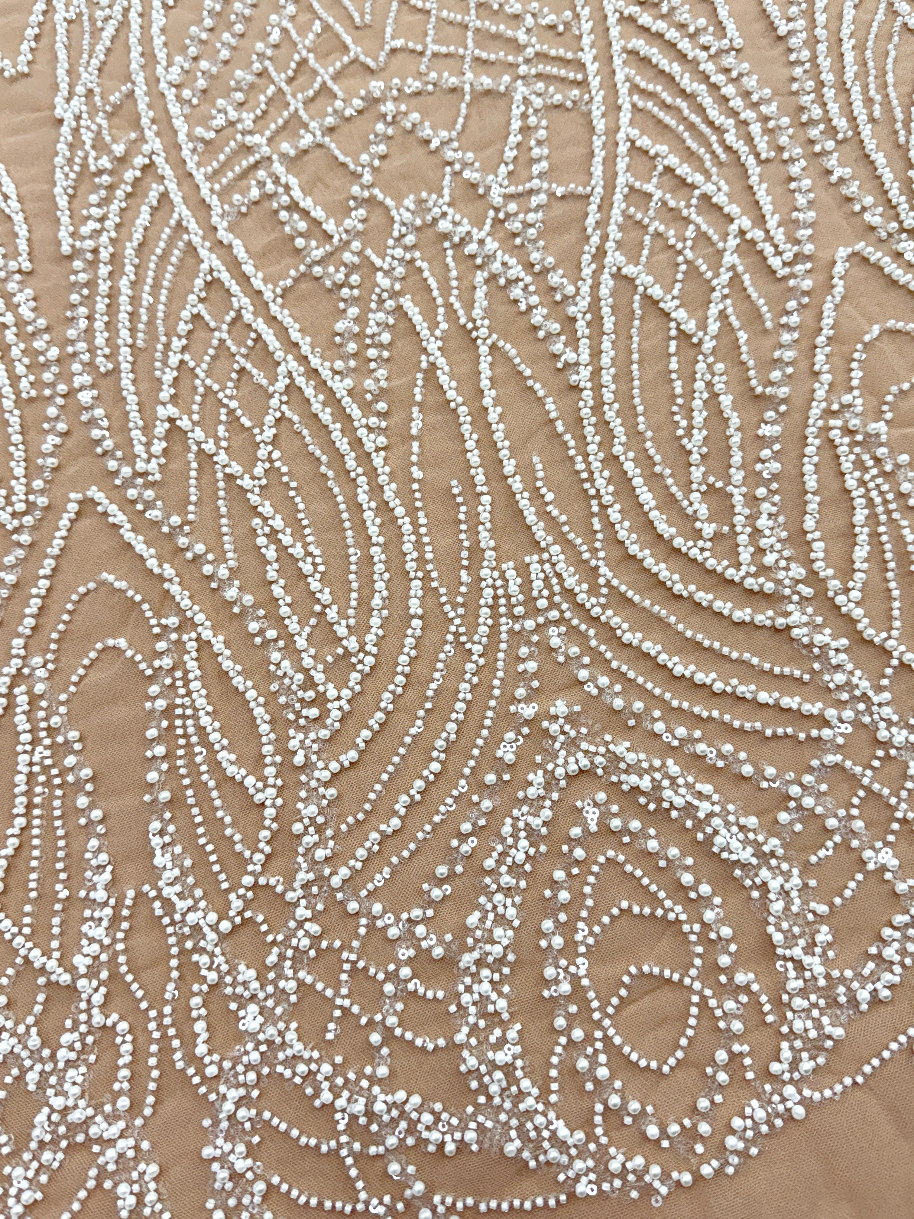 Silver Lace with Nude Tulle with Linear Pattern, Beads and Sequins