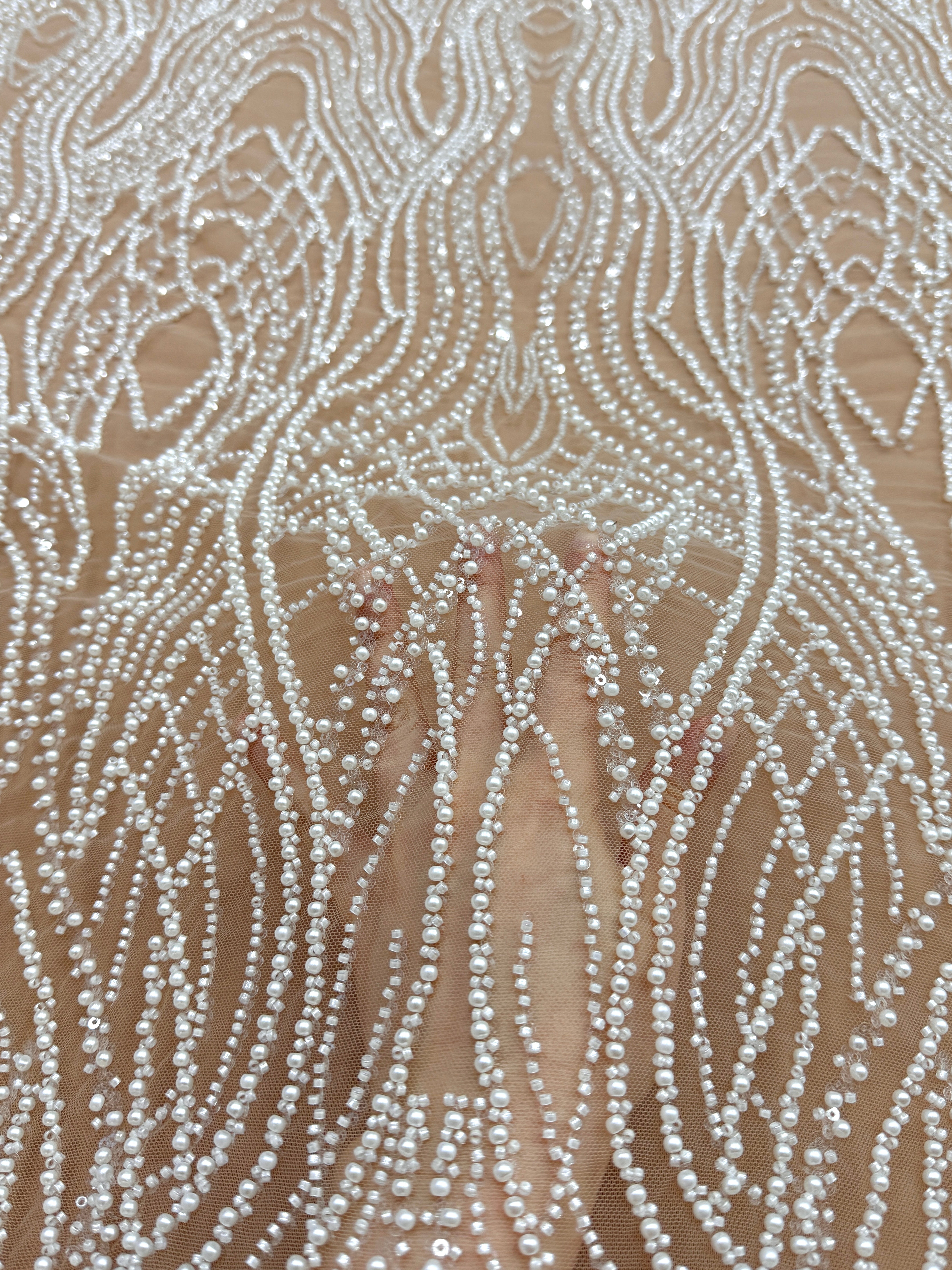 Silver Lace with Nude Tulle with Linear Pattern, Beads and Sequins