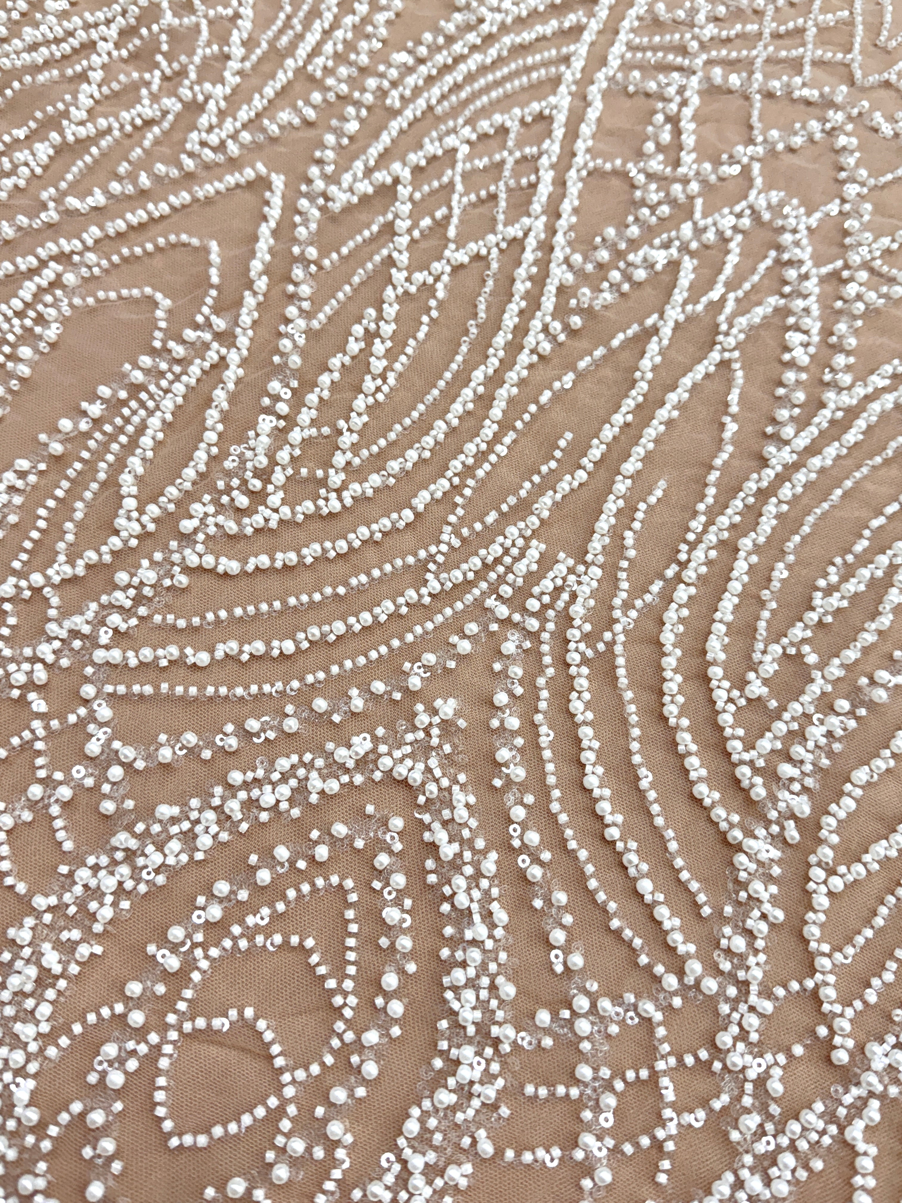 Silver Lace with Nude Tulle with Linear Pattern, Beads and Sequins