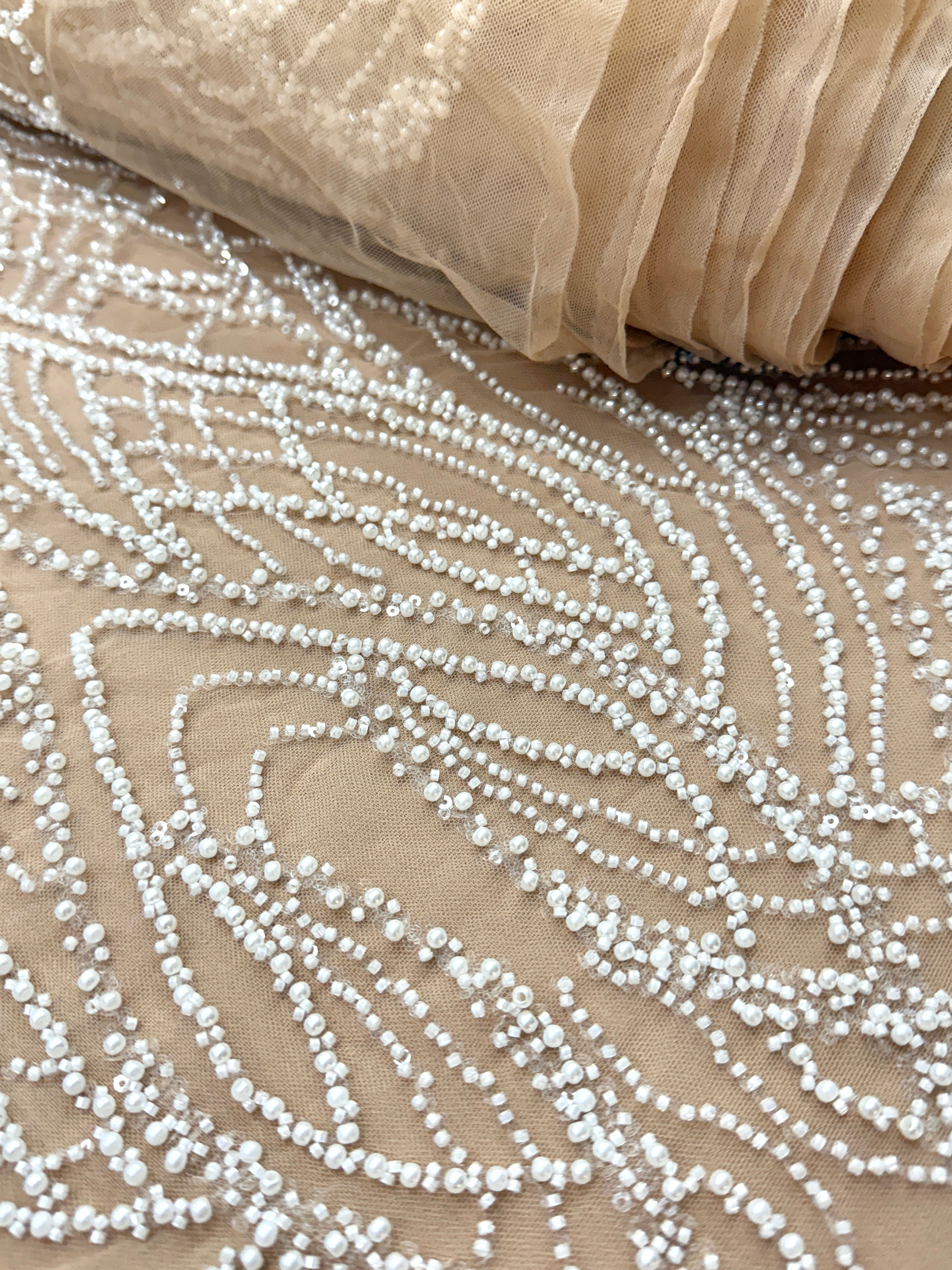 Silver Lace with Nude Tulle with Linear Pattern, Beads and Sequins