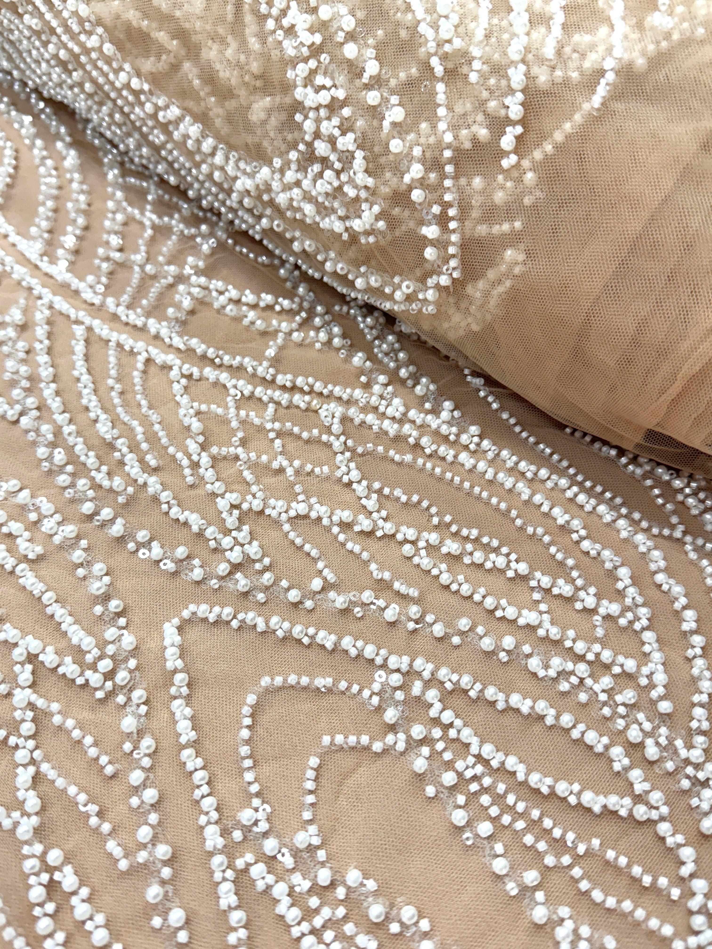 Silver Lace with Nude Tulle with Linear Pattern, Beads and Sequins