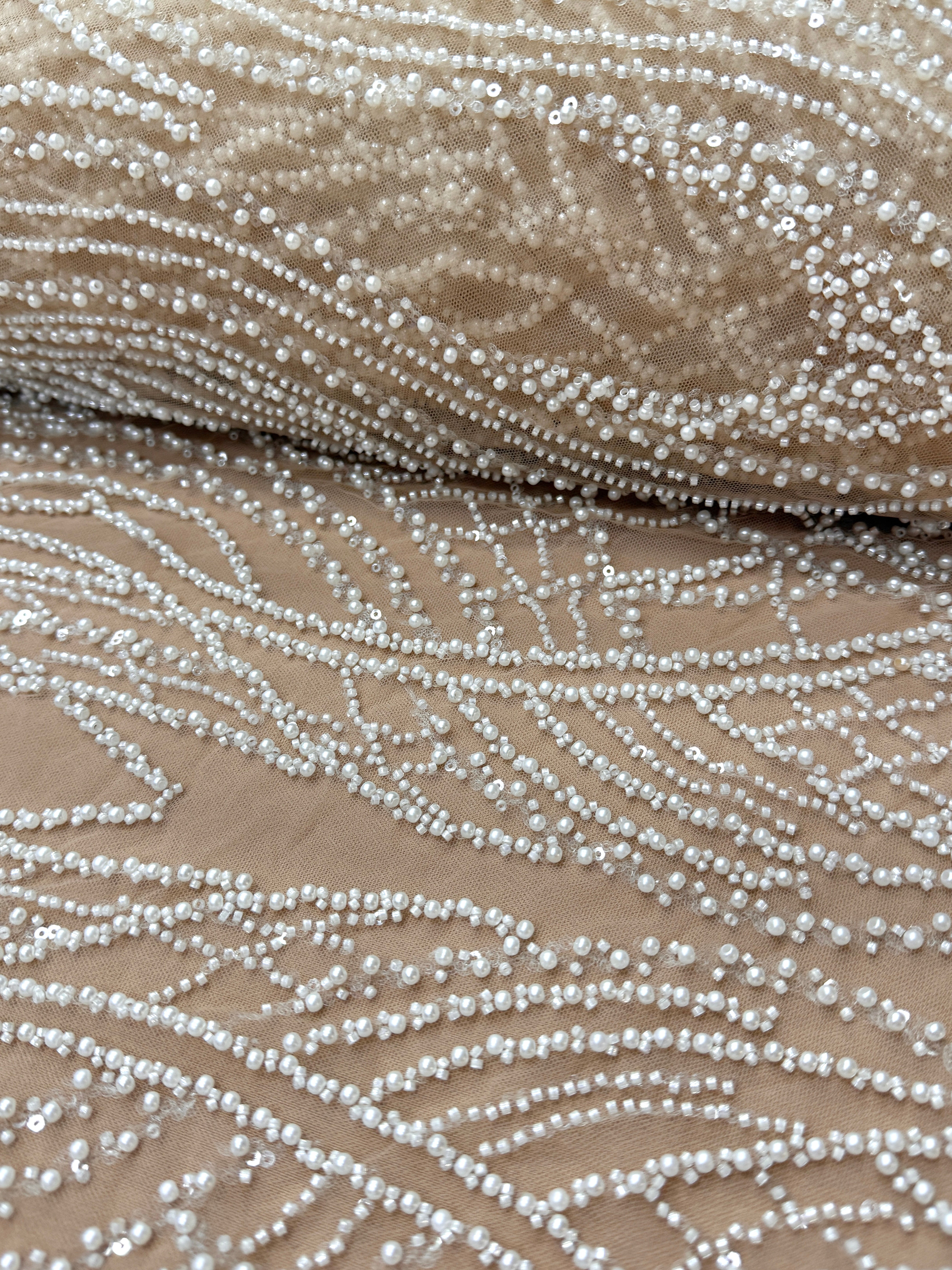 Silver Lace with Nude Tulle with Linear Pattern, Beads and Sequins