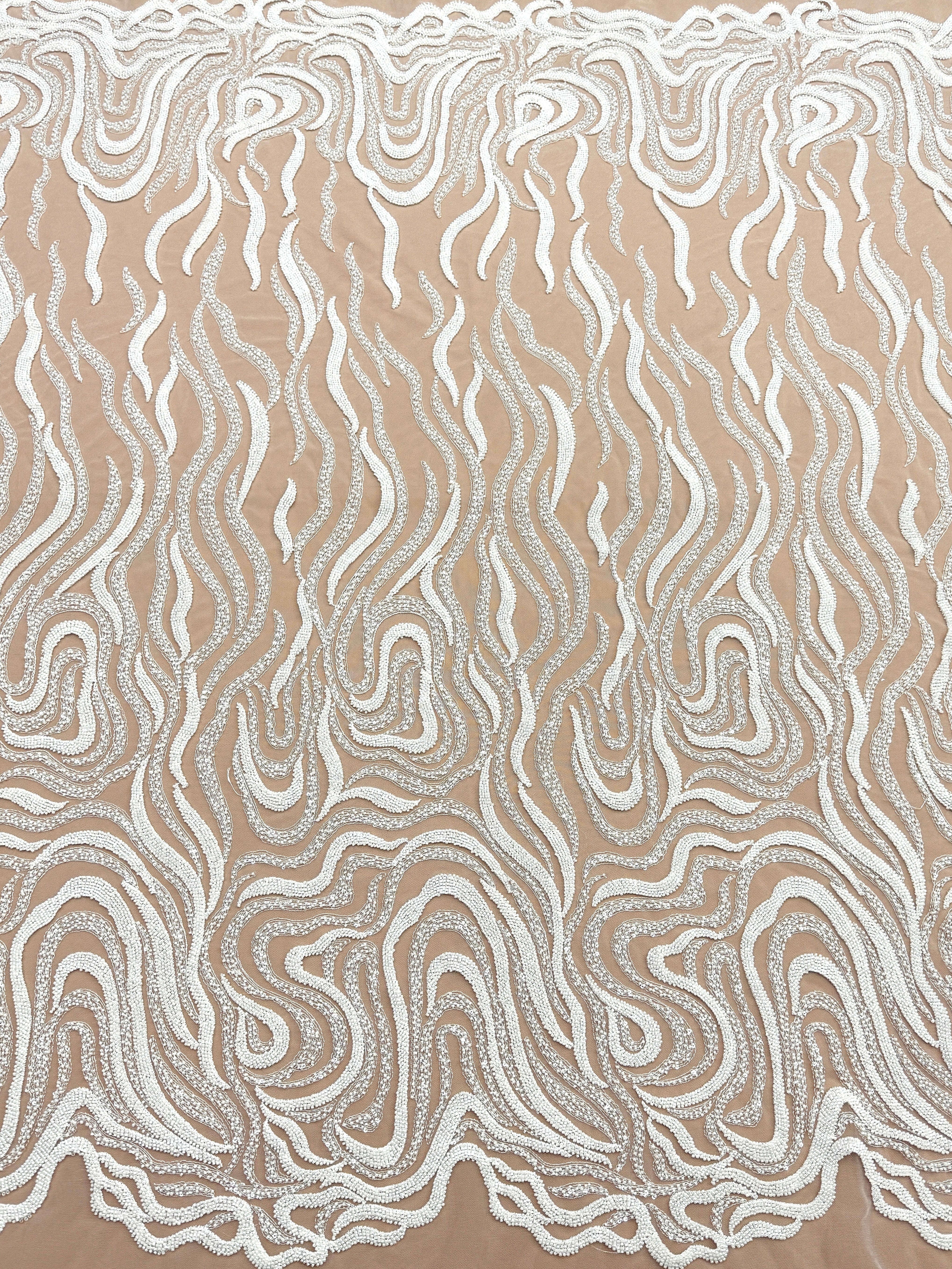 Dantela Ivory cu Model Geometric, cu Margele si Paiete