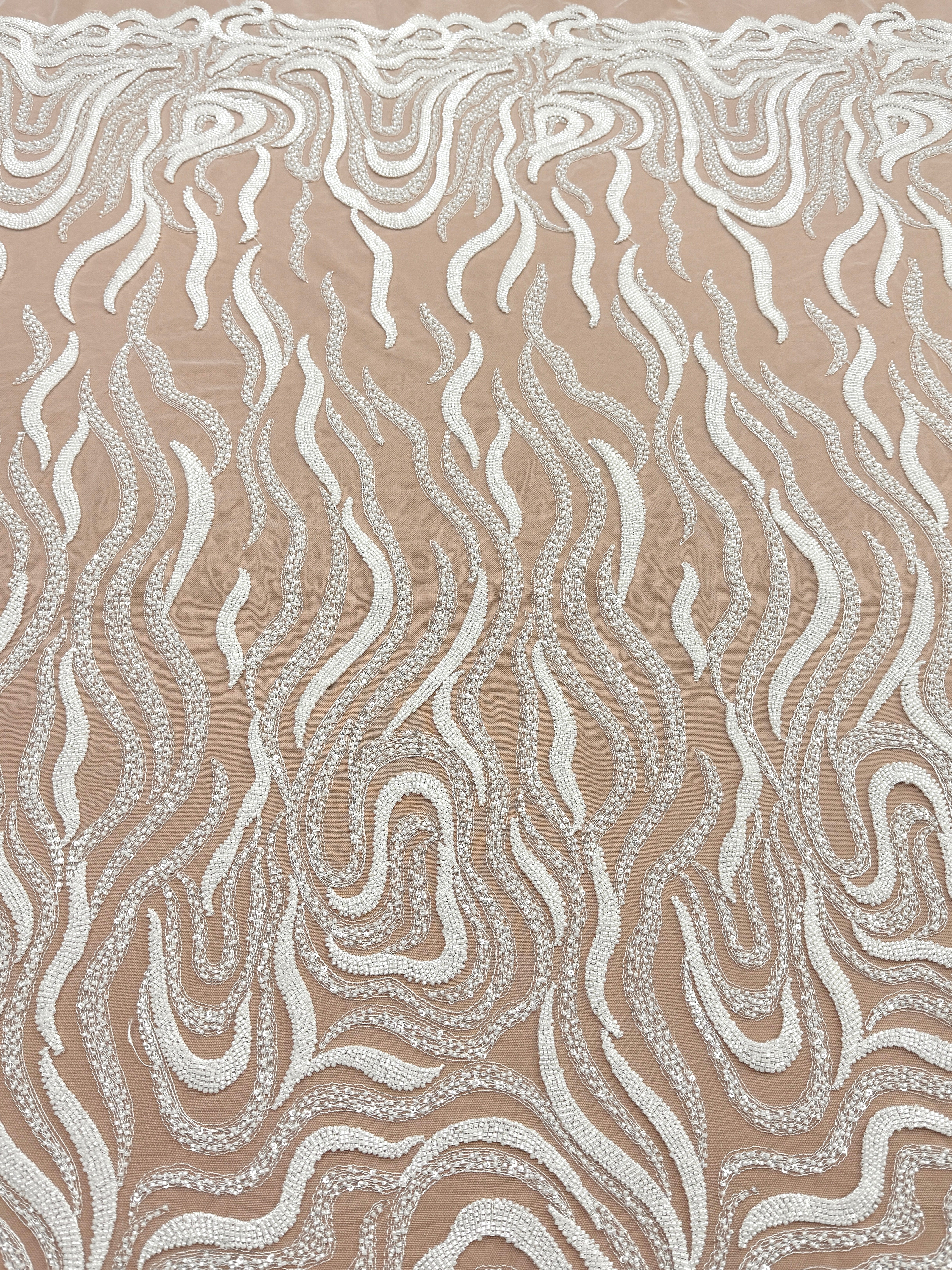 Dantela Ivory cu Model Geometric, cu Margele si Paiete
